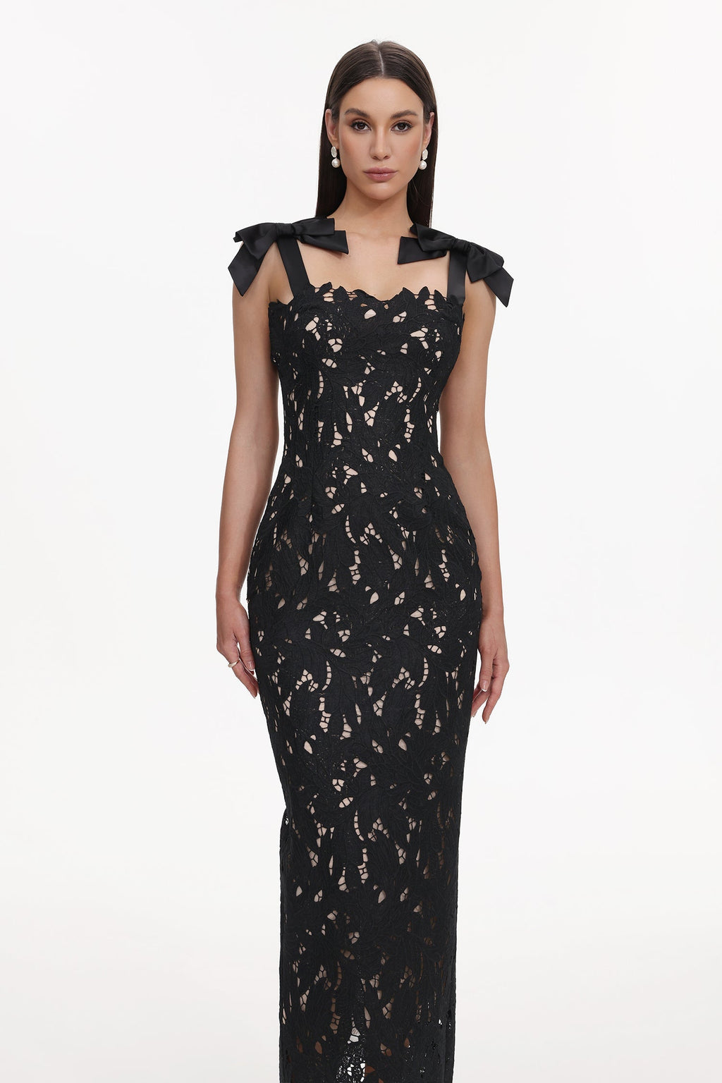 Gemmina Black Lace Maxi Dress with Bows for Formal Occasions