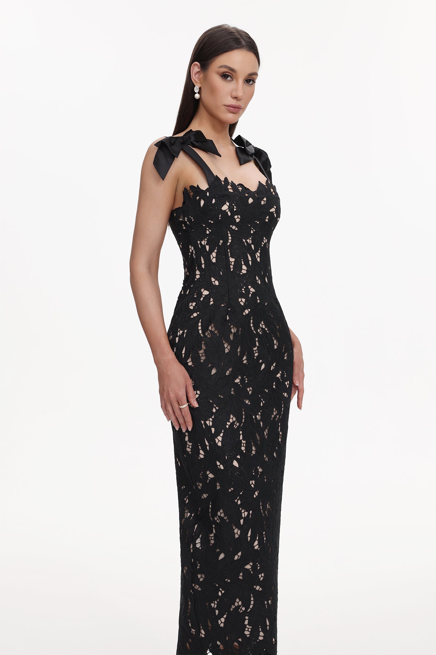 Gemmina Black Lace Maxi Dress with Bows for Formal Occasions