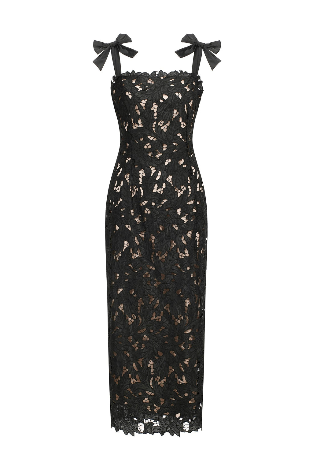 Gemmina Black Lace Overlay Maxi Dress with Bows for Formal Occasions