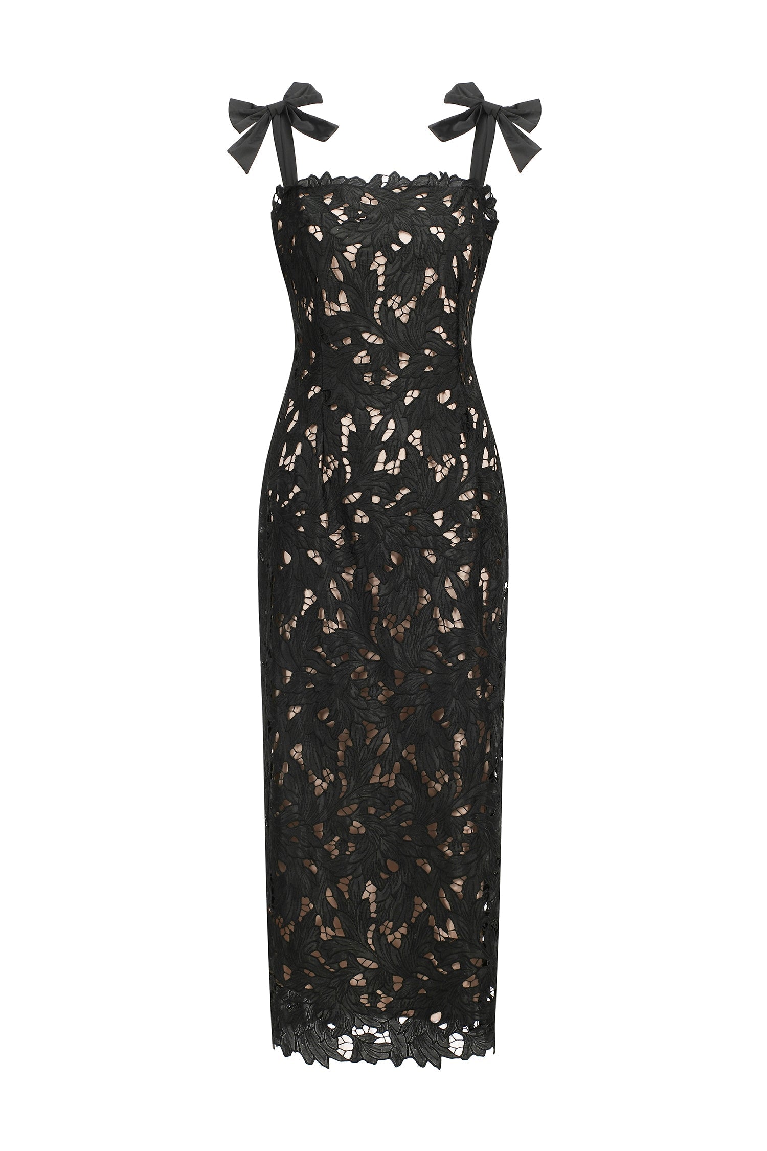 Gemmina Black Lace Overlay Maxi Dress with Bows for Formal Occasions