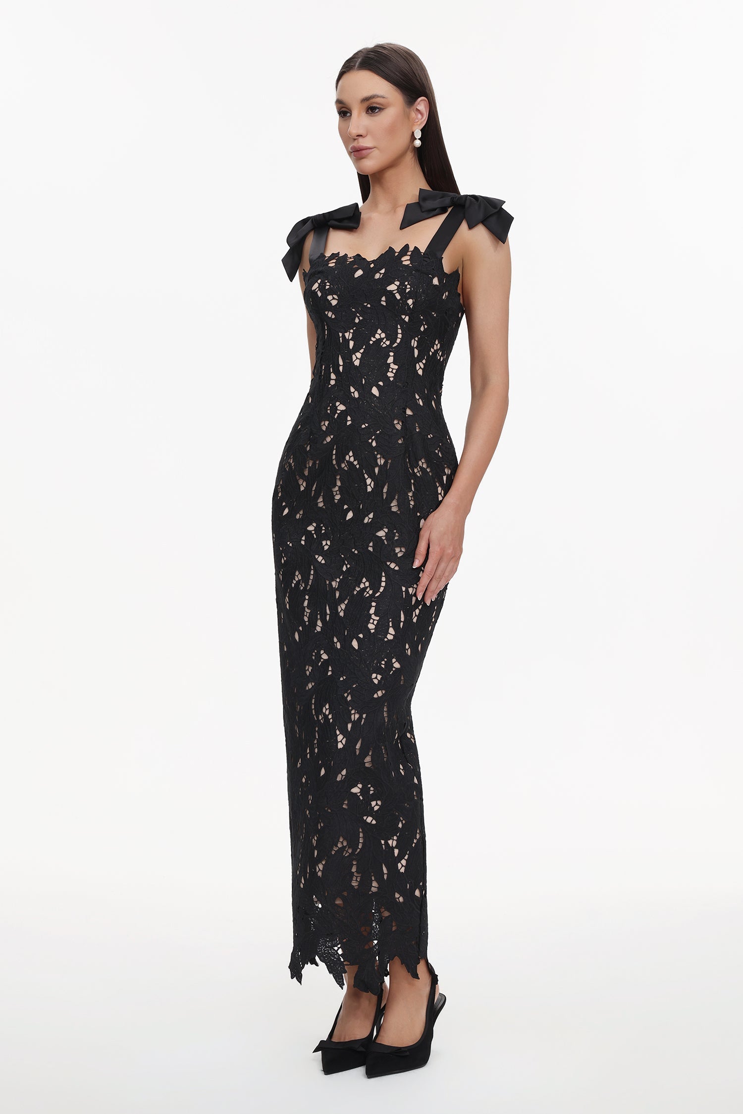 Gemmina Black Lace Overlay Sleeveless Maxi Dress with Bows