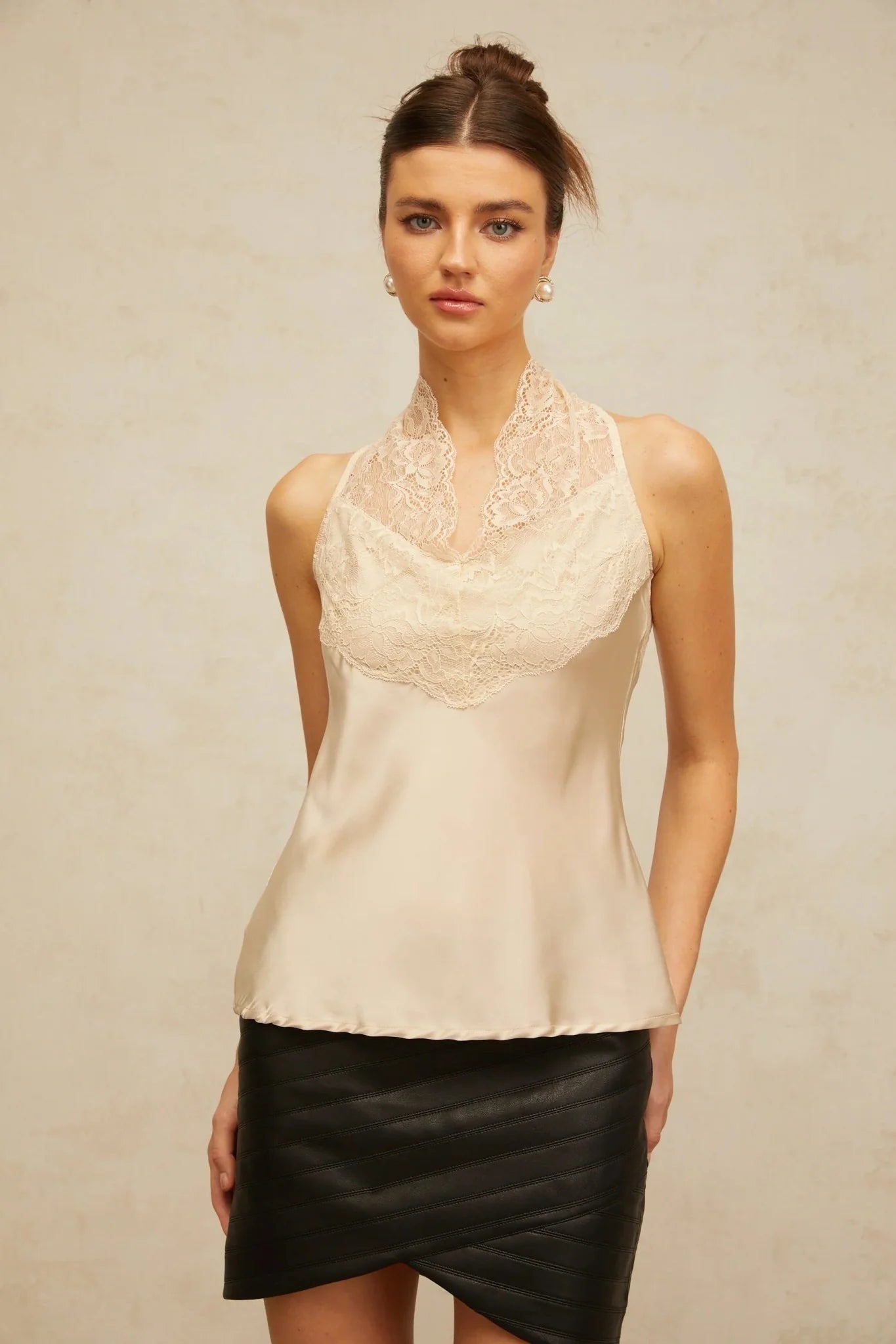 Gemmina Top Floral Lace Panelled Satin Neutrals