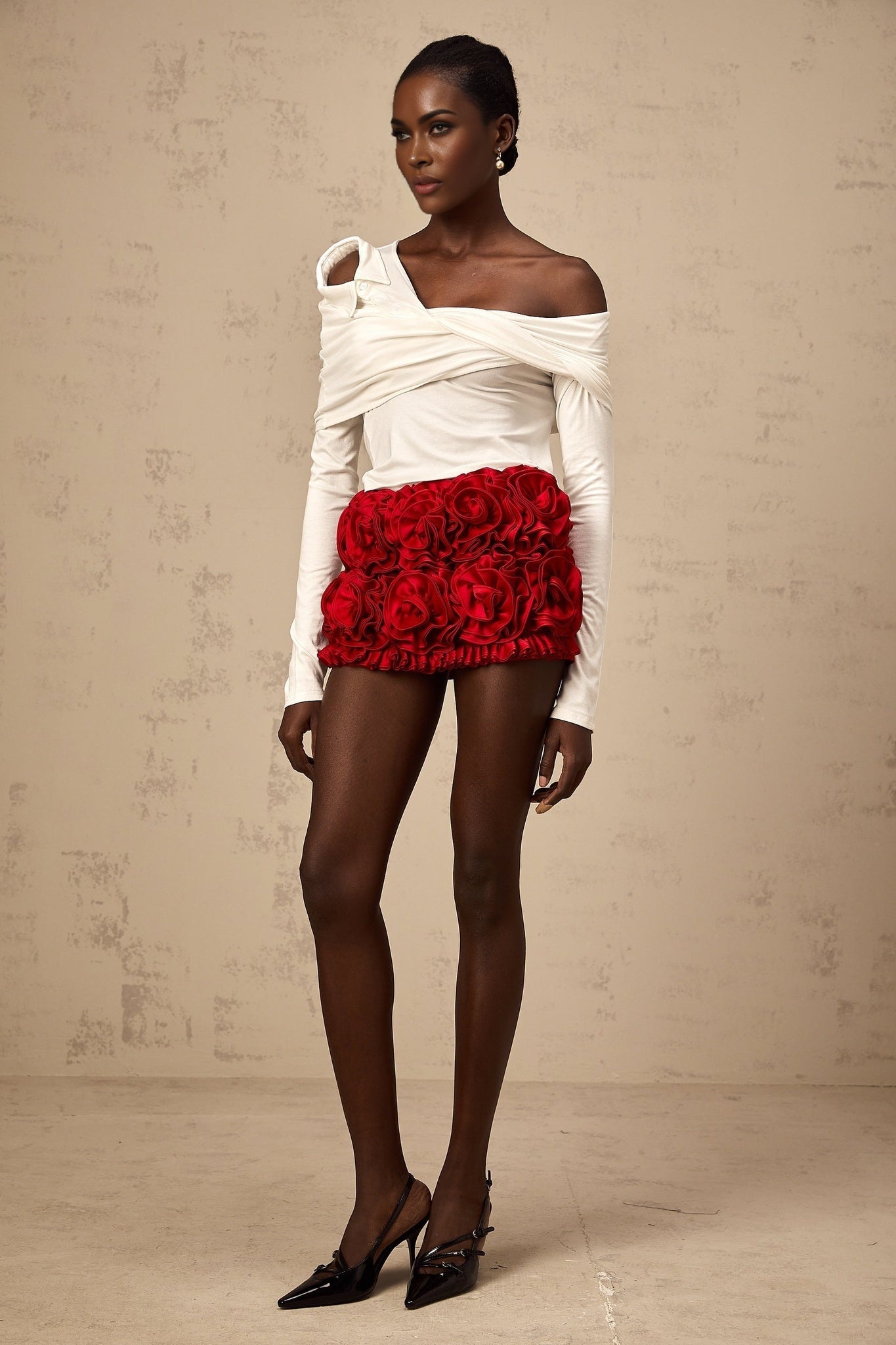 Gemmina Top - White - Long Sleeve - Asymmetric Twist Gathered Deconstructed