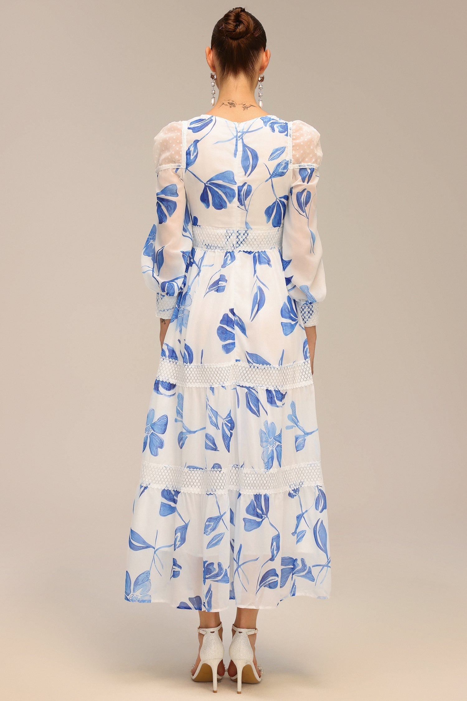 Gemmina White Floral Print Maxi Dress with Cut-Out Waist and Lace Accents