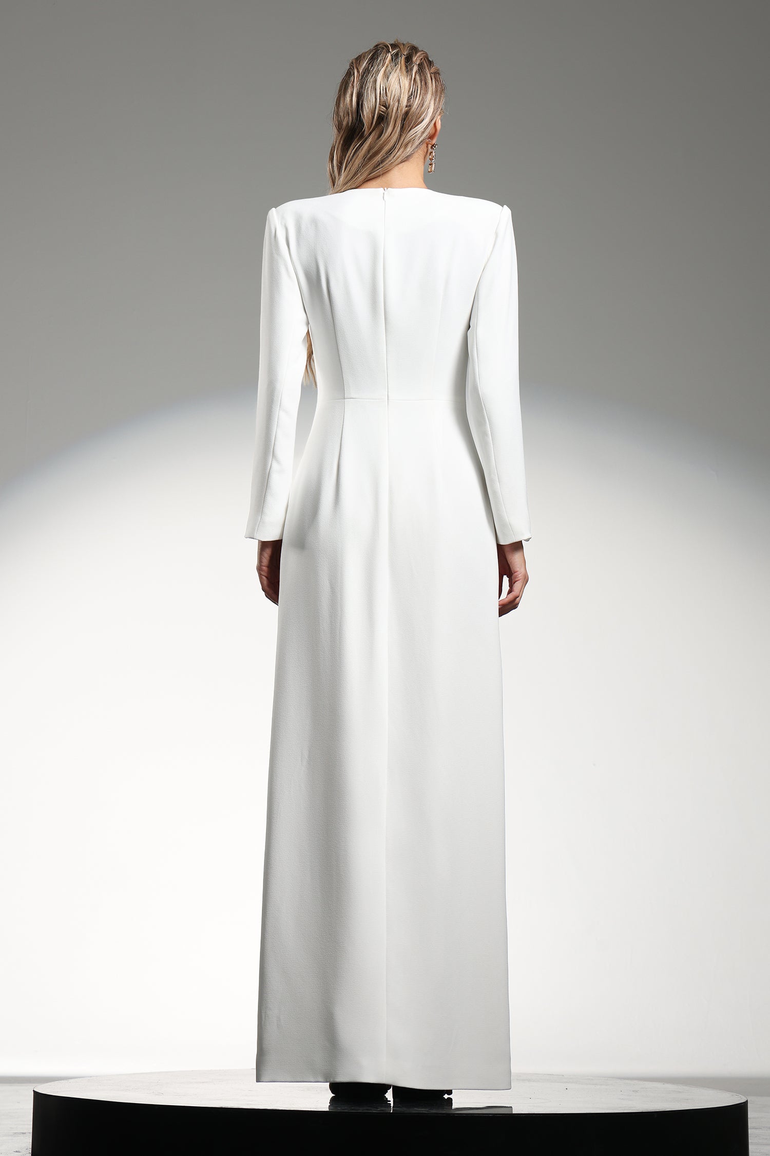 Genesis White Split Design Long Sleeve Floral Beaded Dress