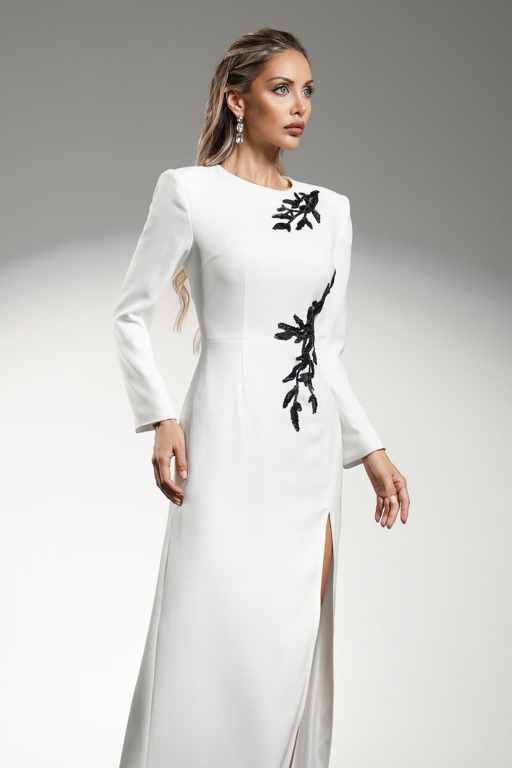 Genesis White Split Design Long Sleeve Formal Dress with Beaded Floral Detailing