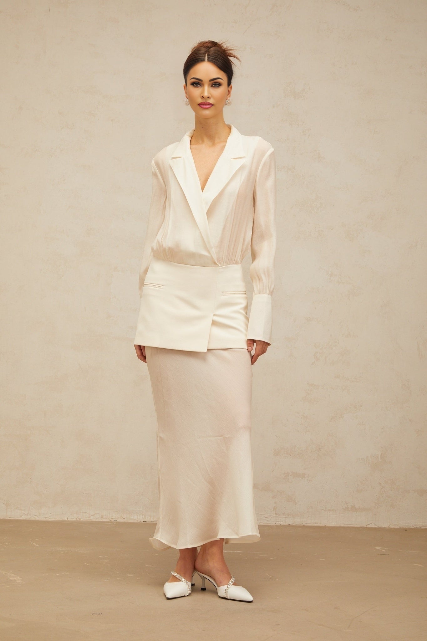 Genevieve Maxi Dress - Semi - Sheer Design - Deep V - Neck with Peak Lapels - Long Sleeves - Panelled Design with Faux Welt Pockets