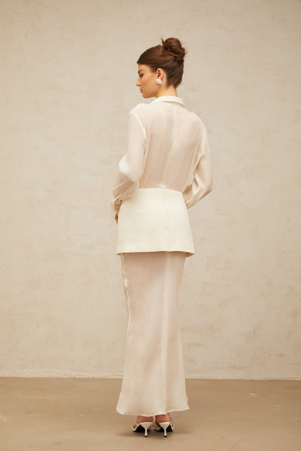 Genevieve Maxi Dress - Semi - Sheer Design - Deep V - Neck with Peak Lapels - Long Sleeves - Panelled Design with Faux Welt Pockets