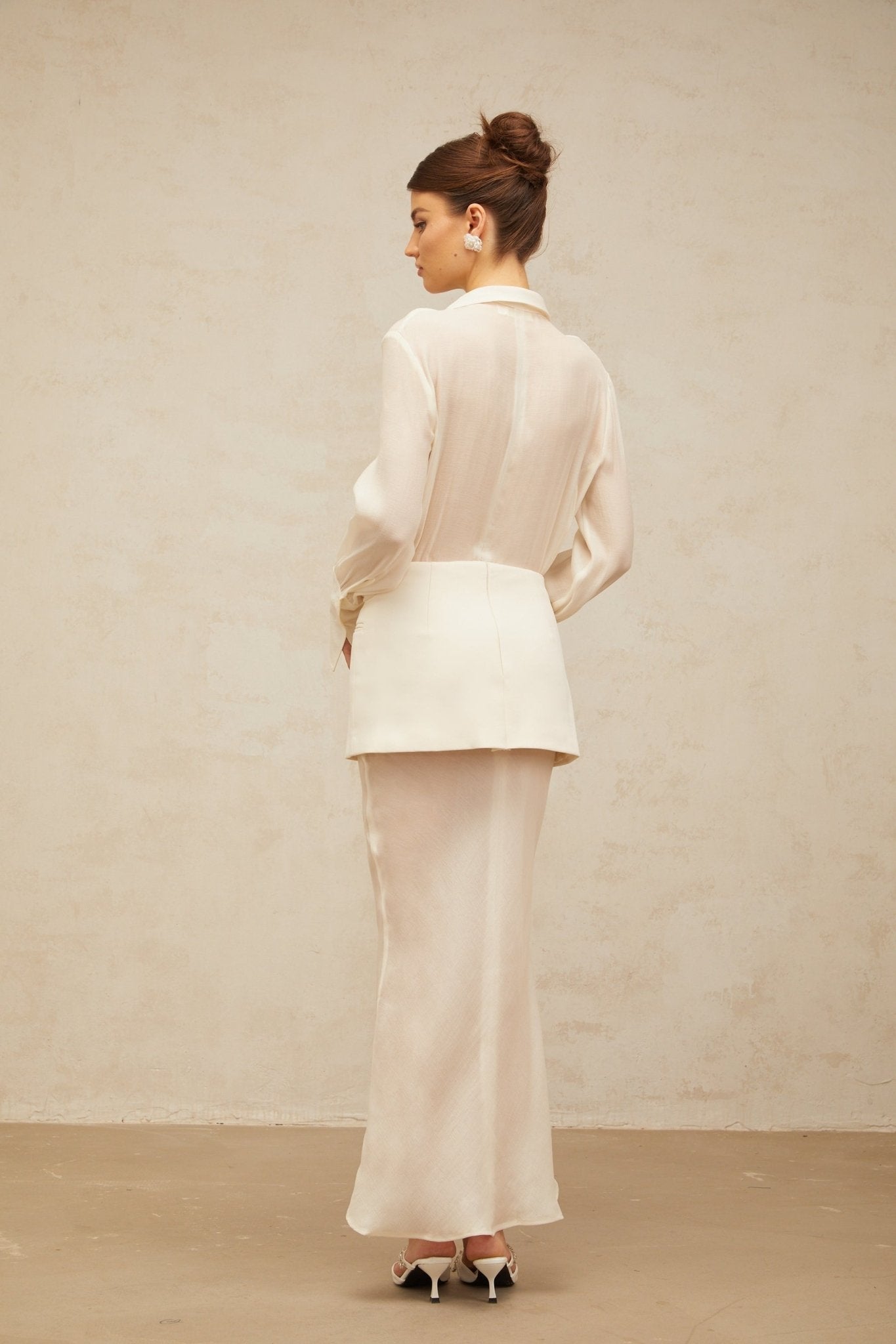Genevieve Maxi Dress - Semi - Sheer Design - Deep V - Neck with Peak Lapels - Long Sleeves - Panelled Design with Faux Welt Pockets