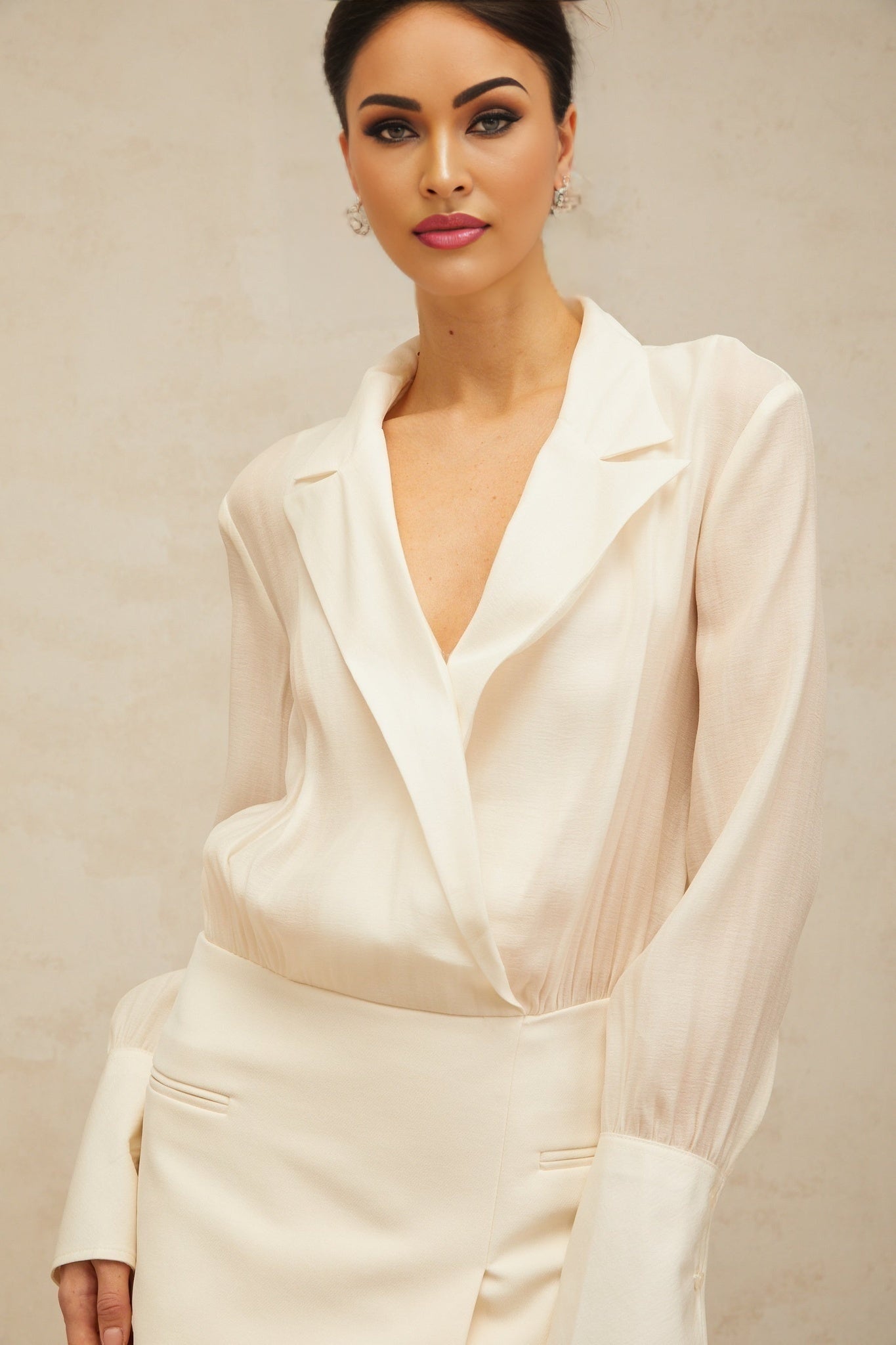 Genevieve Maxi Dress - Semi - Sheer Design - Deep V - Neck with Peak Lapels - Long Sleeves - Panelled Design with Faux Welt Pockets