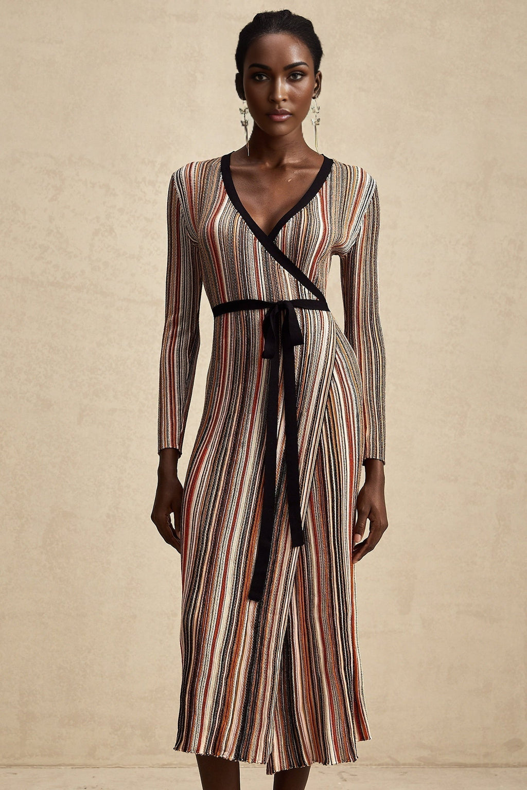 Genevieve Midi Dress - Knitted V - Neck Wrap Long Sleeve Sequin Embellished
