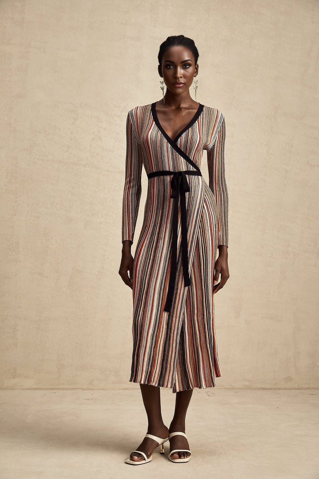 Genevieve Midi Dress - Knitted V - Neck Wrap Long Sleeve Sequin Embellished