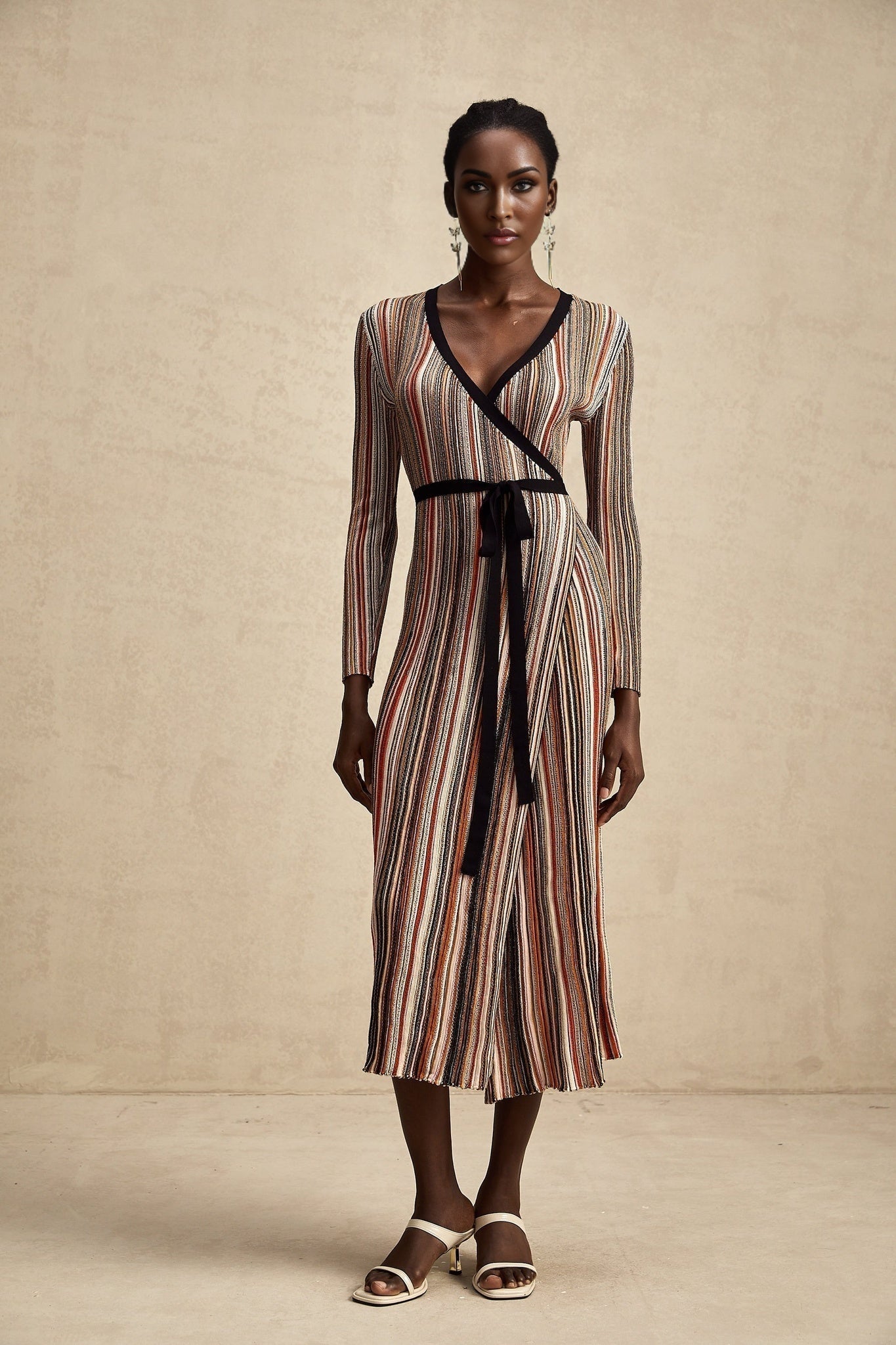 Genevieve Midi Dress - Knitted V - Neck Wrap Long Sleeve Sequin Embellished