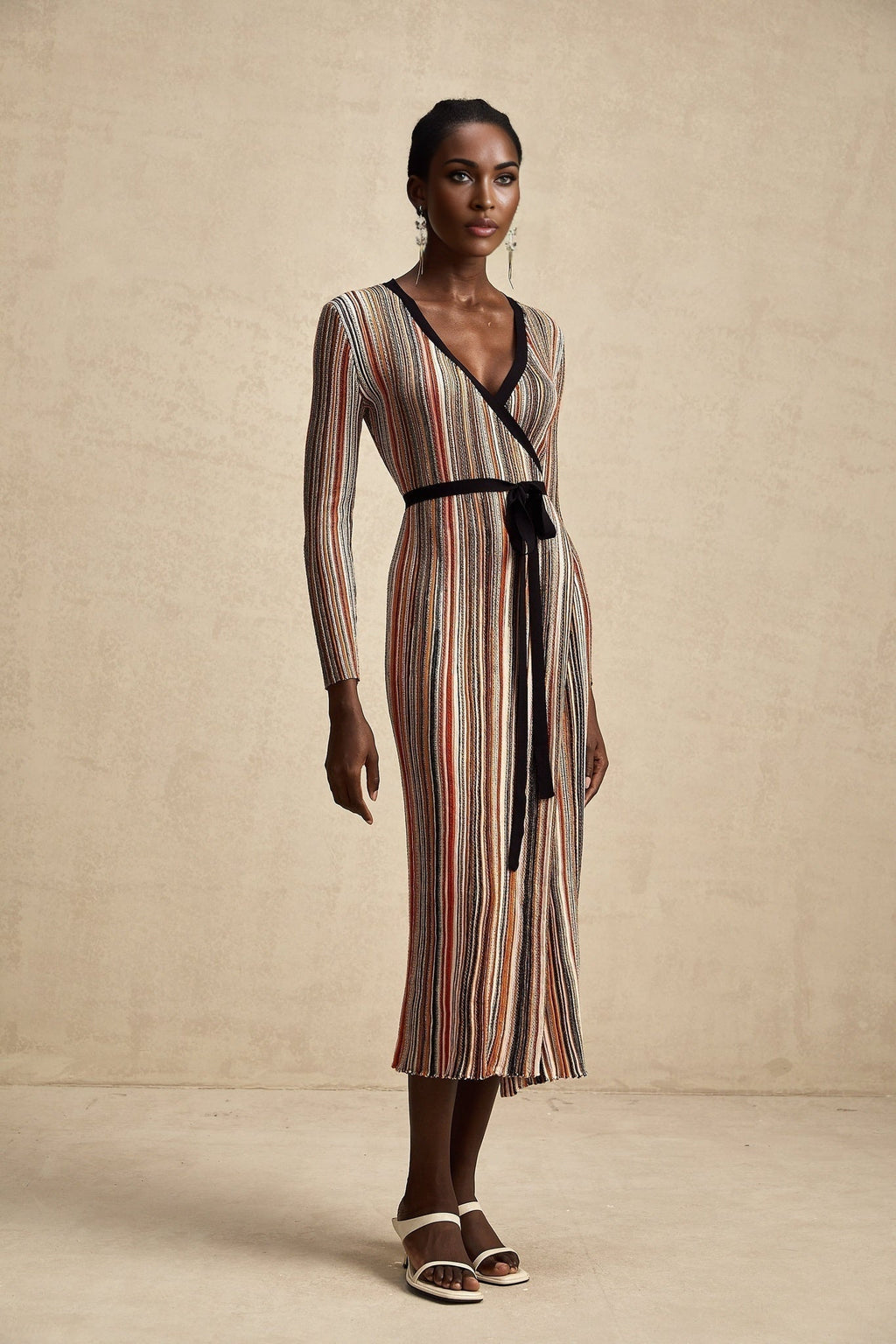 Genevieve Midi Dress - Knitted V - Neck Wrap Long Sleeve Sequin Embellished