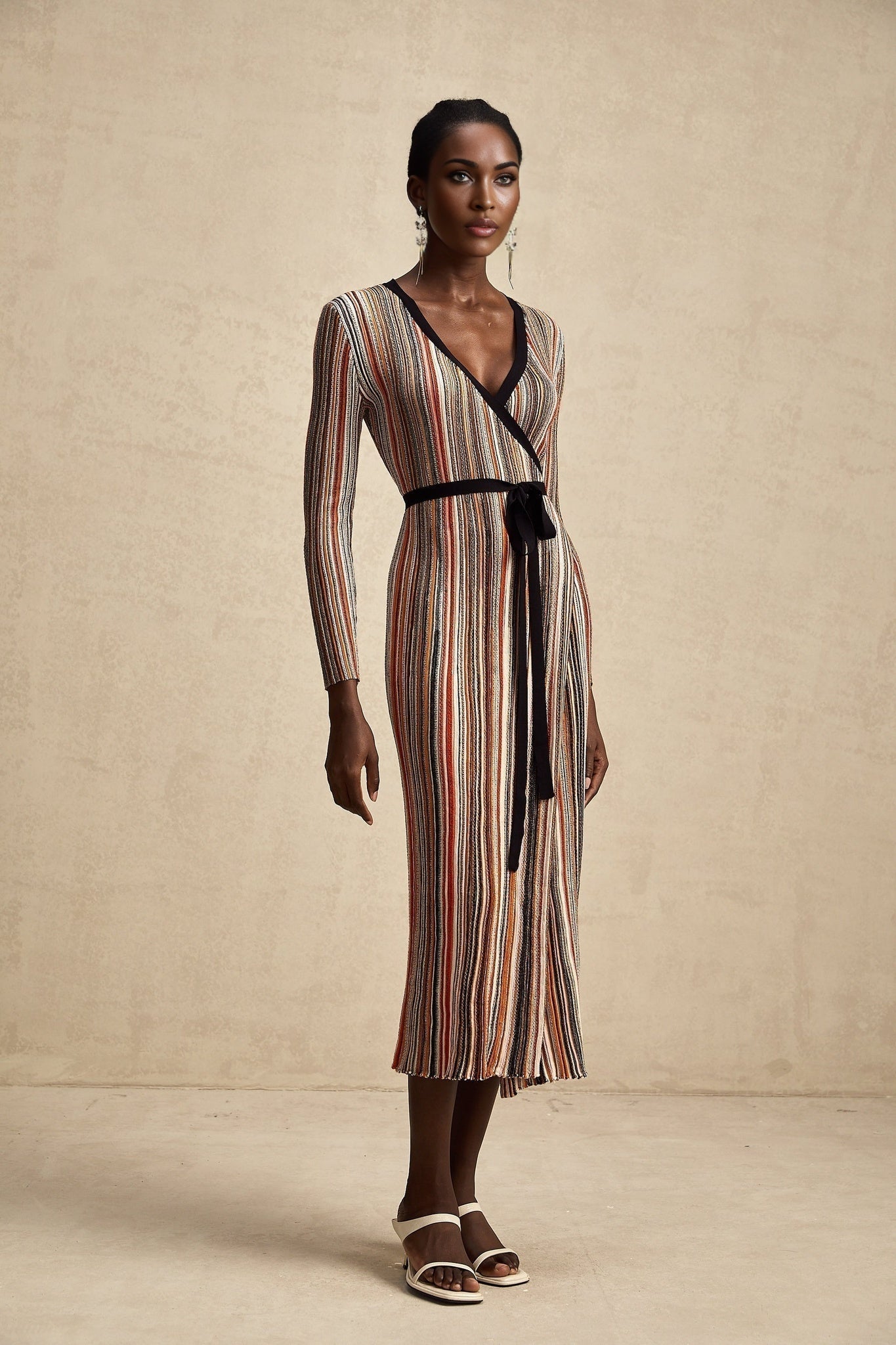 Genevieve Midi Dress - Knitted V - Neck Wrap Long Sleeve Sequin Embellished