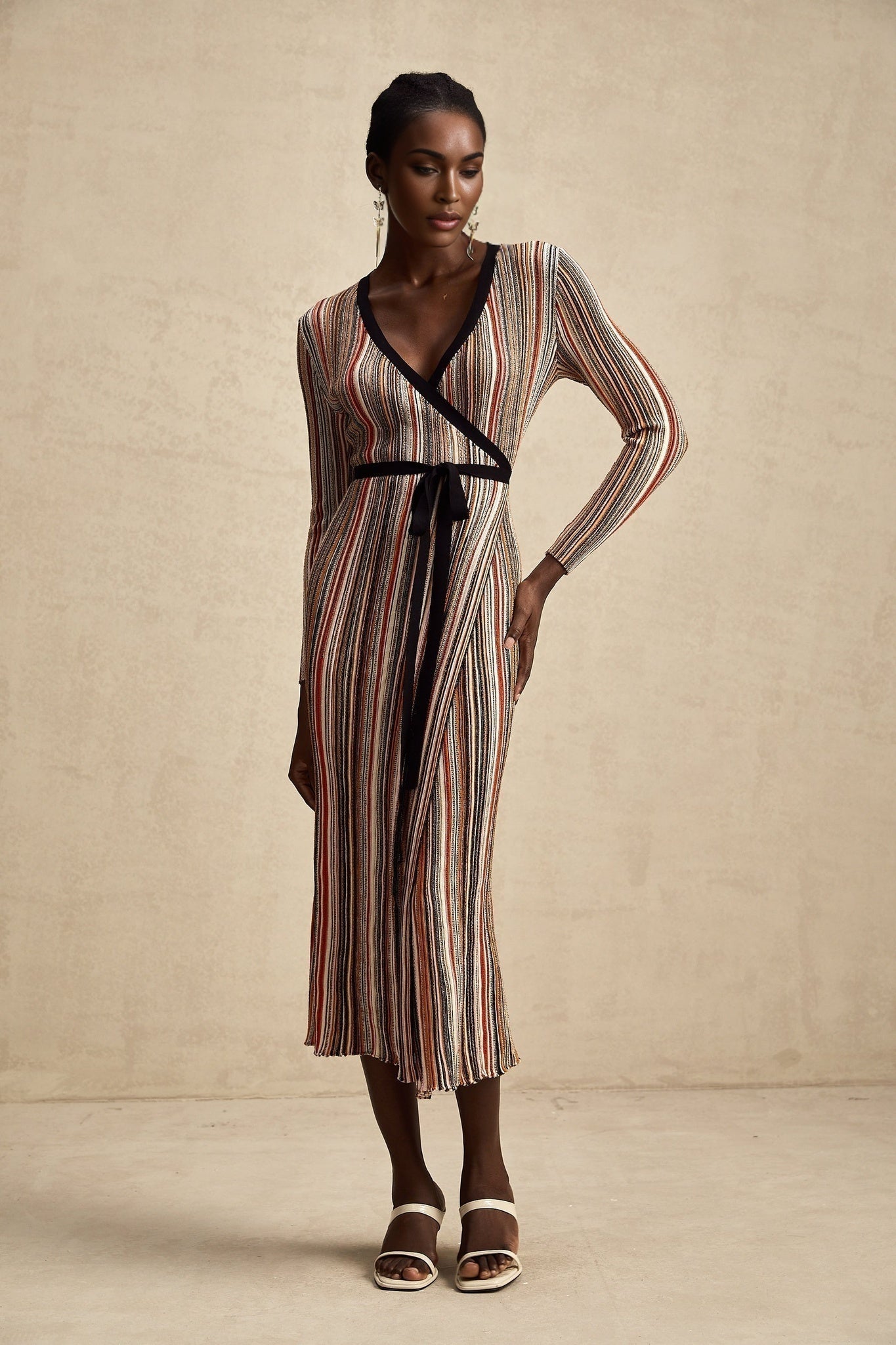 Genevieve Midi Dress - Knitted V - Neck Wrap Long Sleeve Sequin Embellished