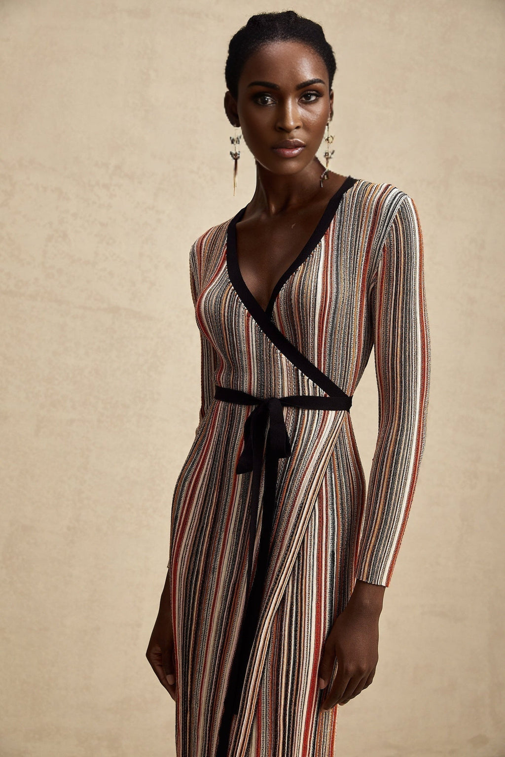 Genevieve Midi Dress - Knitted V - Neck Wrap Long Sleeve Sequin Embellished