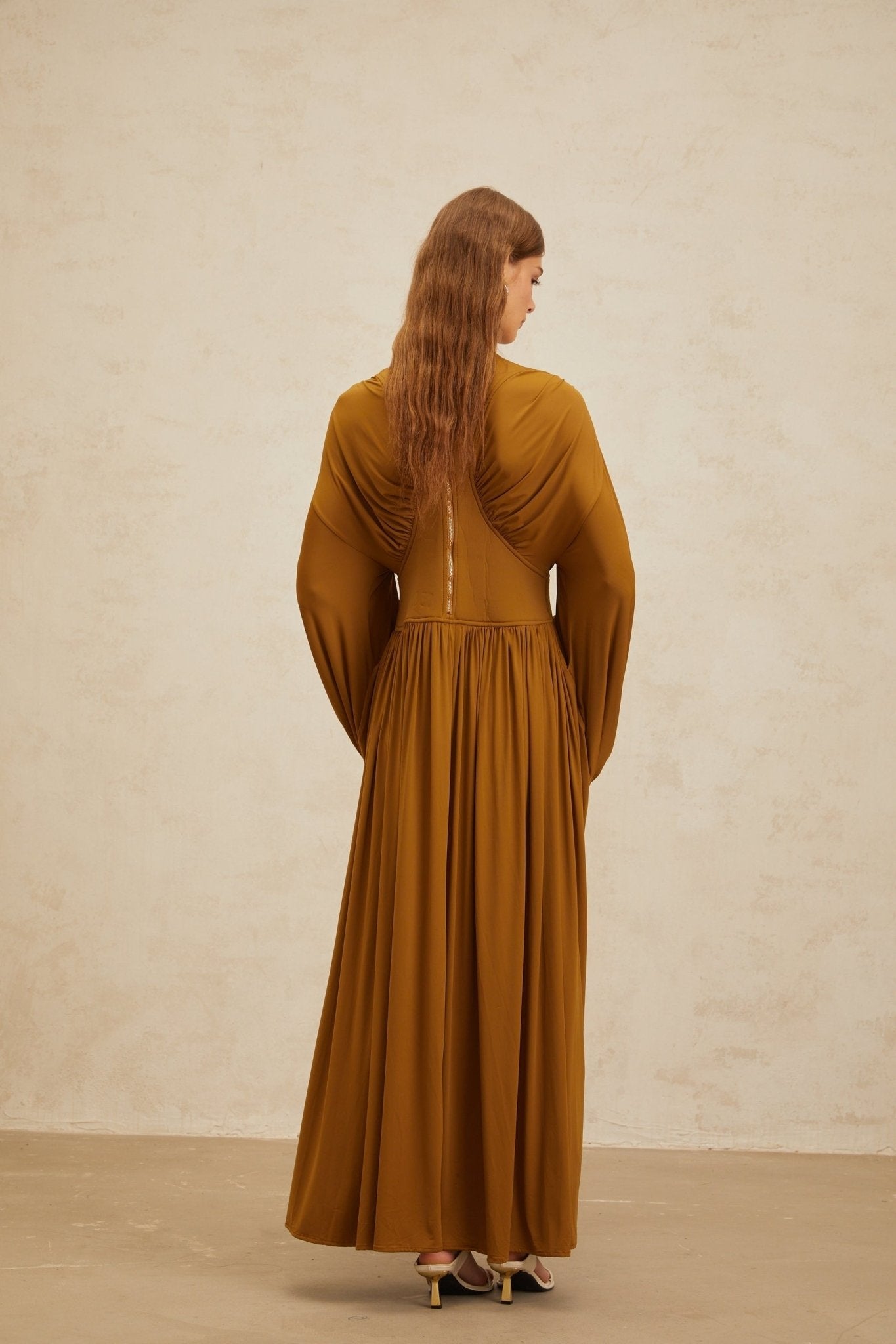 Genoveffa Maxi Dress - Olive Green - Puff Sleeve - Pleats - Zip Back