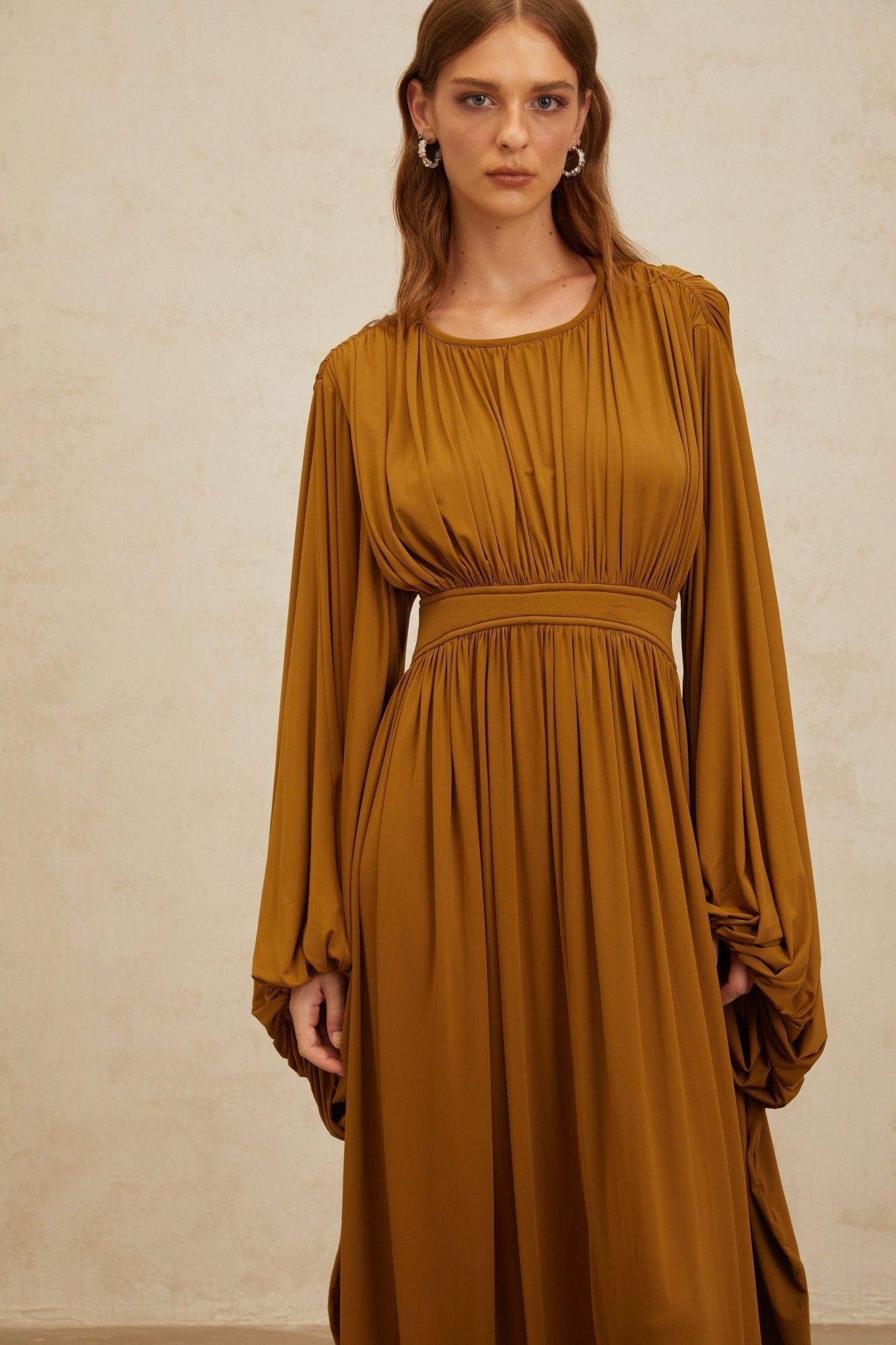 Genoveffa Maxi Dress - Olive Green - Puff Sleeve - Pleats - Zip Back