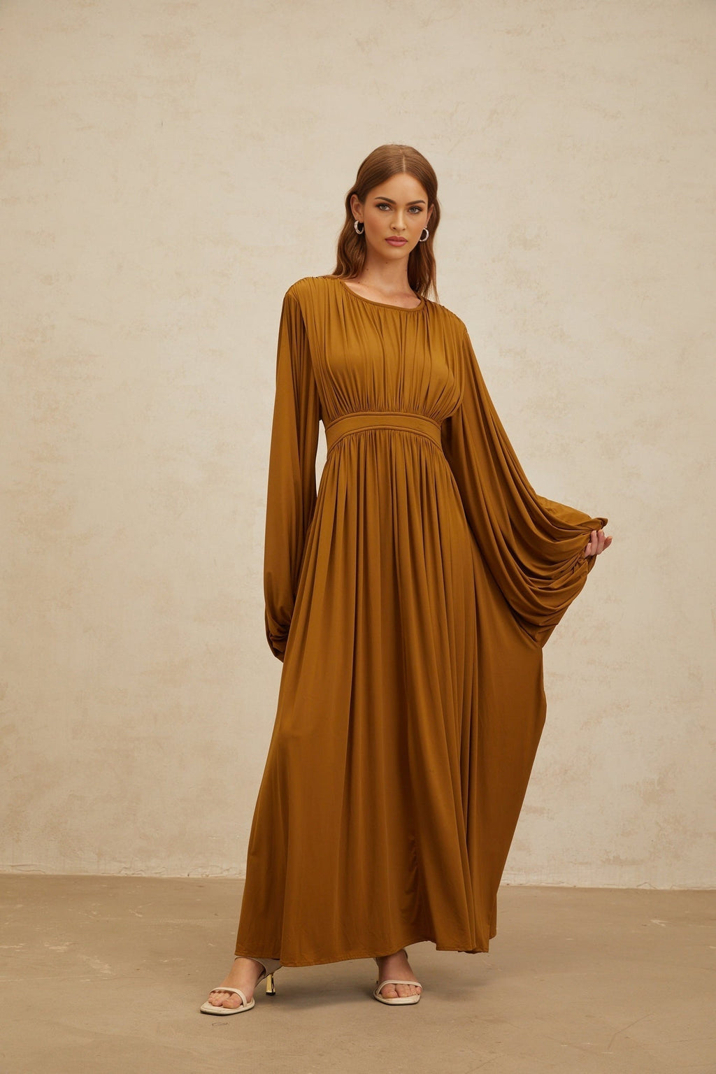 Genoveffa Maxi Dress - Olive Green - Puff Sleeve - Pleats - Zip Back