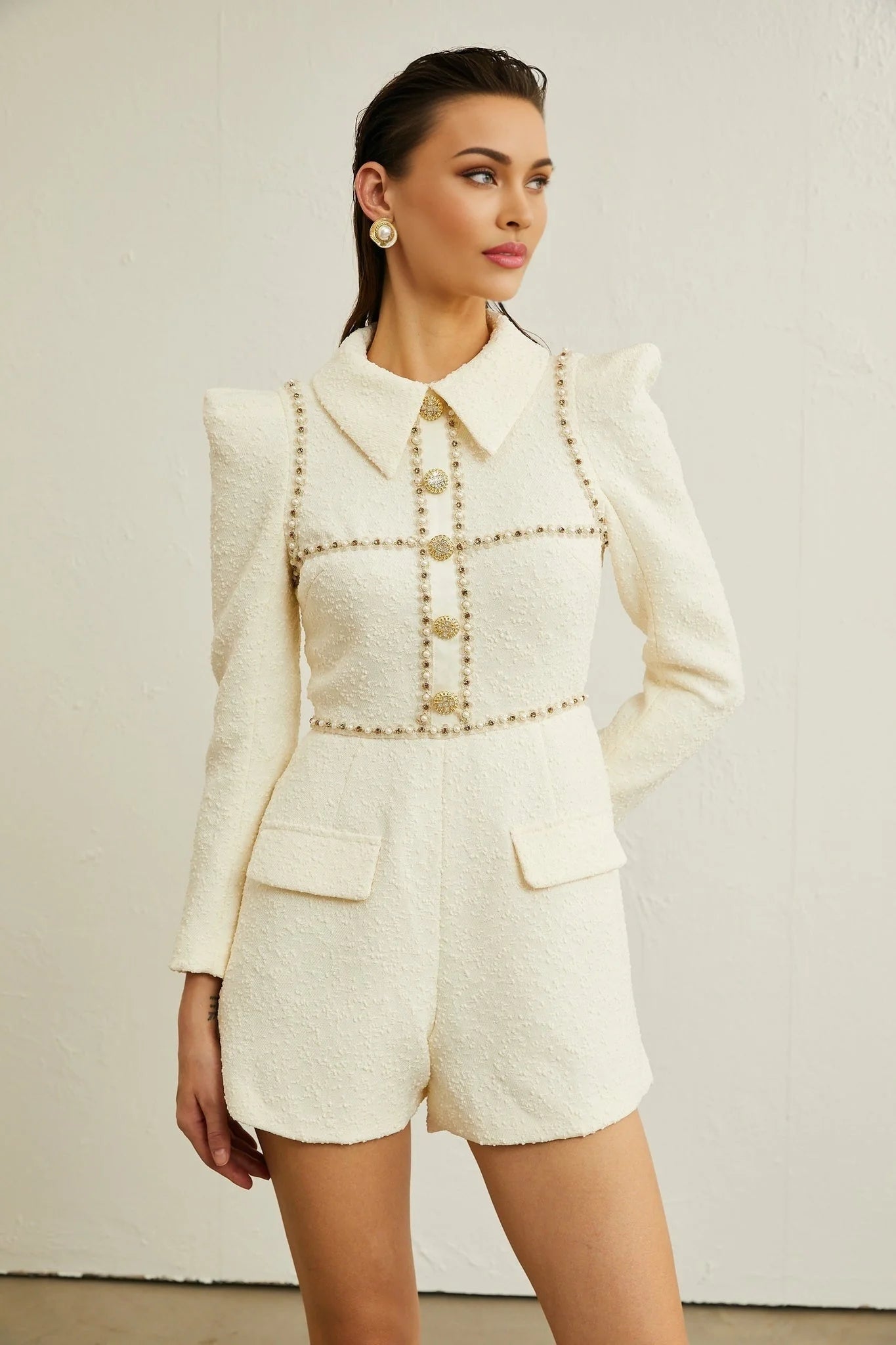 Georgia Bodysuit - Tweed - Faux - Pearl Embellishment - Pointed Shoulder Detail - Decorative Buttons