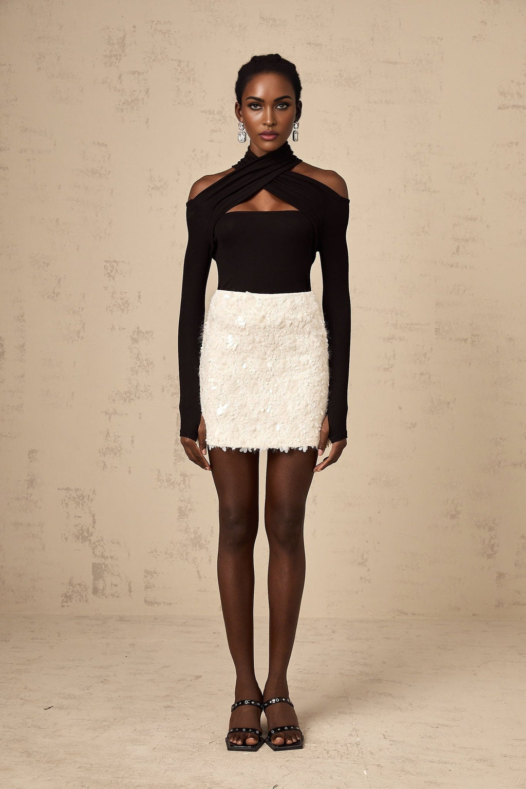 Georgia Tweed Mini Skirt - Fringe Trim - Sequin Accents - Zip Back - Straight Hem