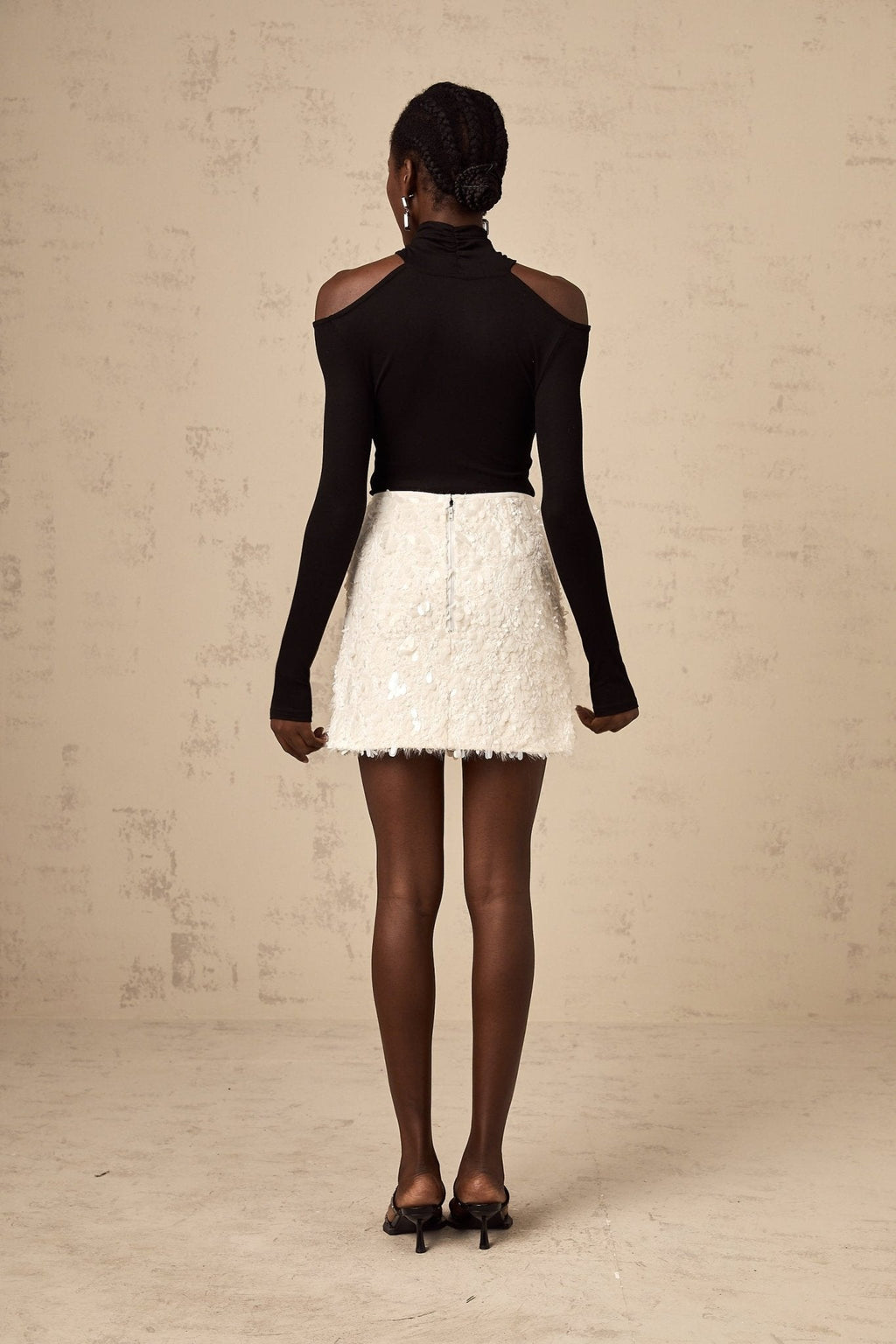 Georgia Tweed Mini Skirt - Fringe Trim - Sequin Accents - Zip Back - Straight Hem