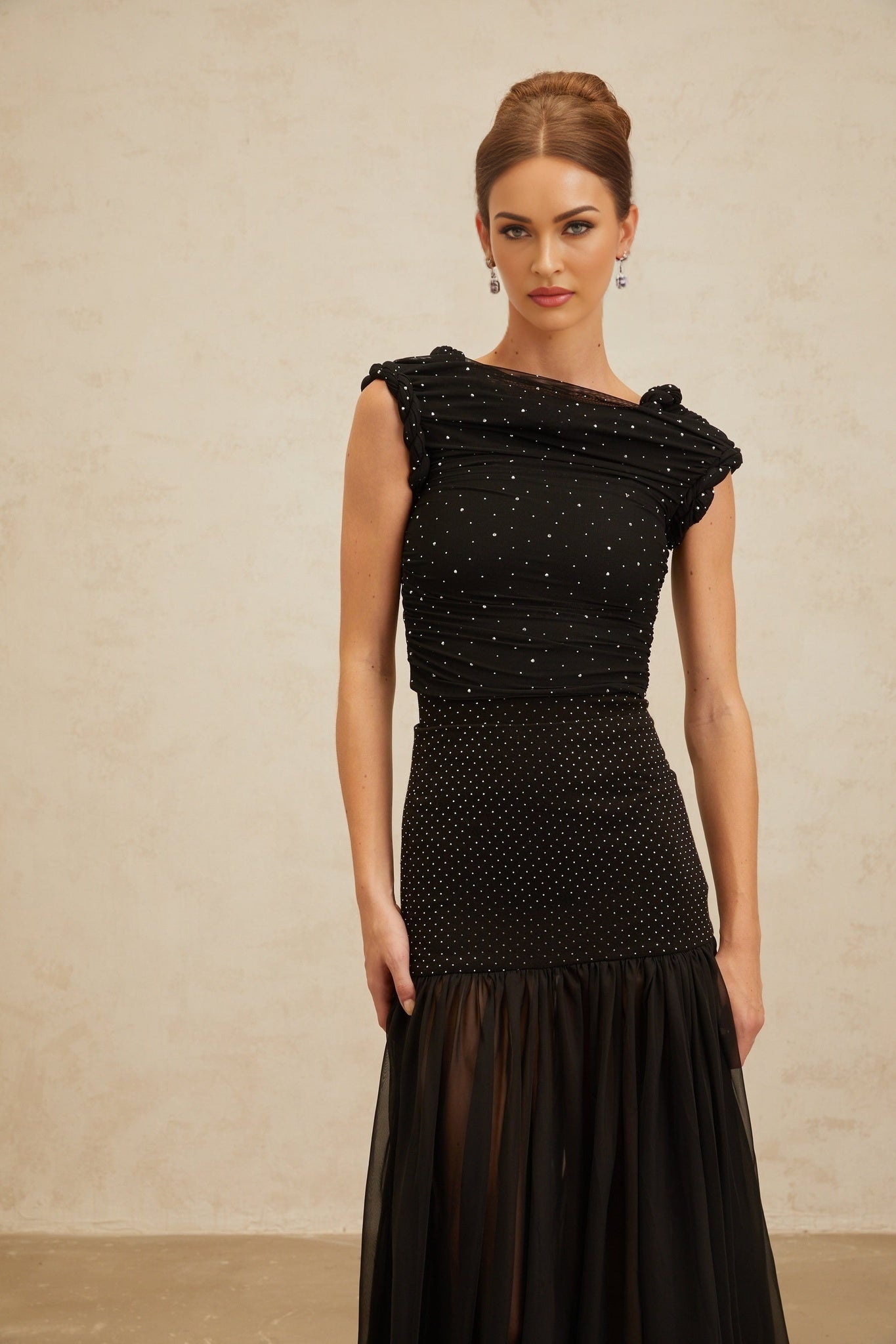 Geraldina Crop Top - Bateau Neck - Rhinestone Embellishment - Ruched Detailing