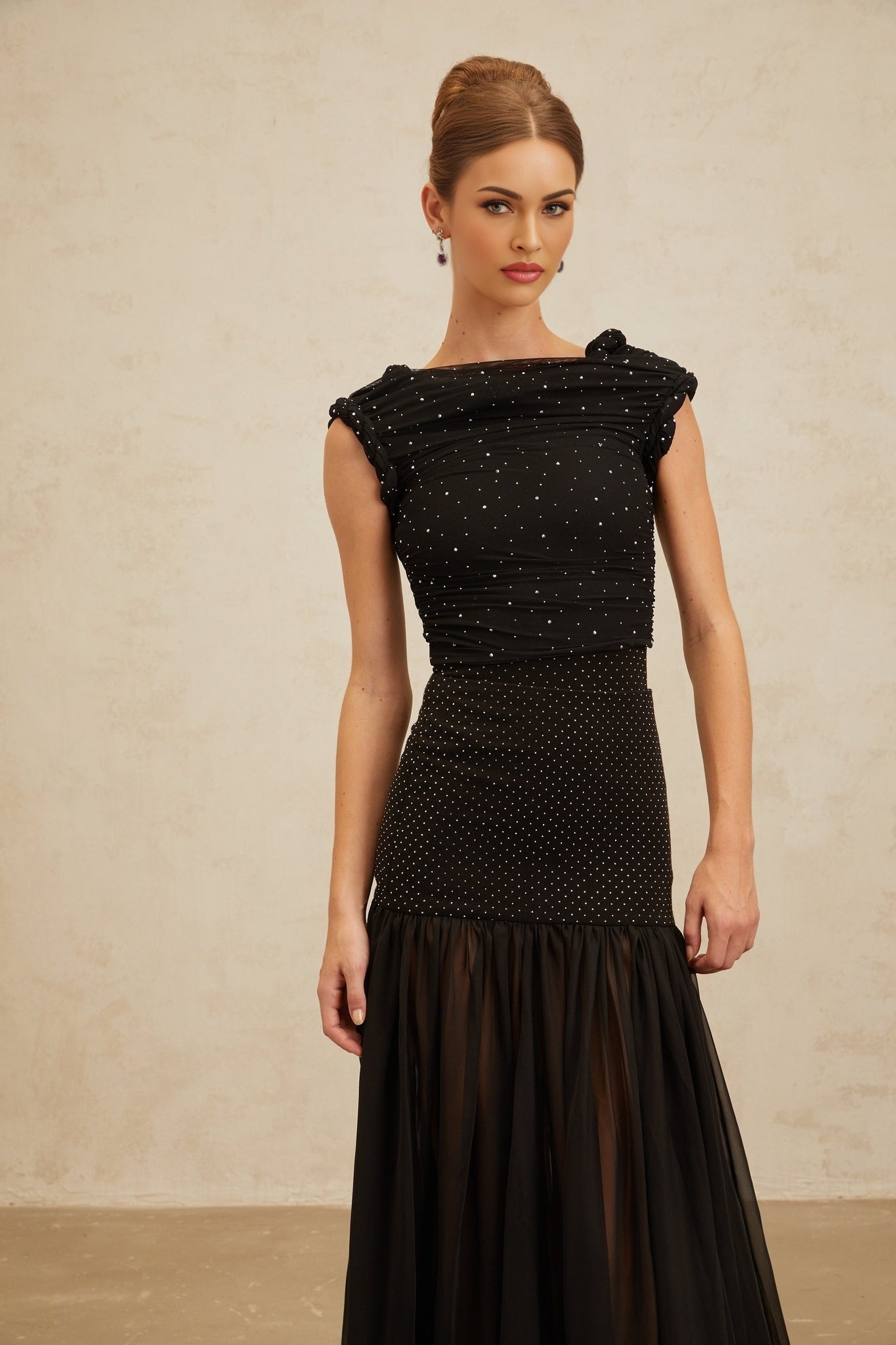 Geraldina Crop Top - Bateau Neck - Rhinestone Embellishment - Ruched Detailing