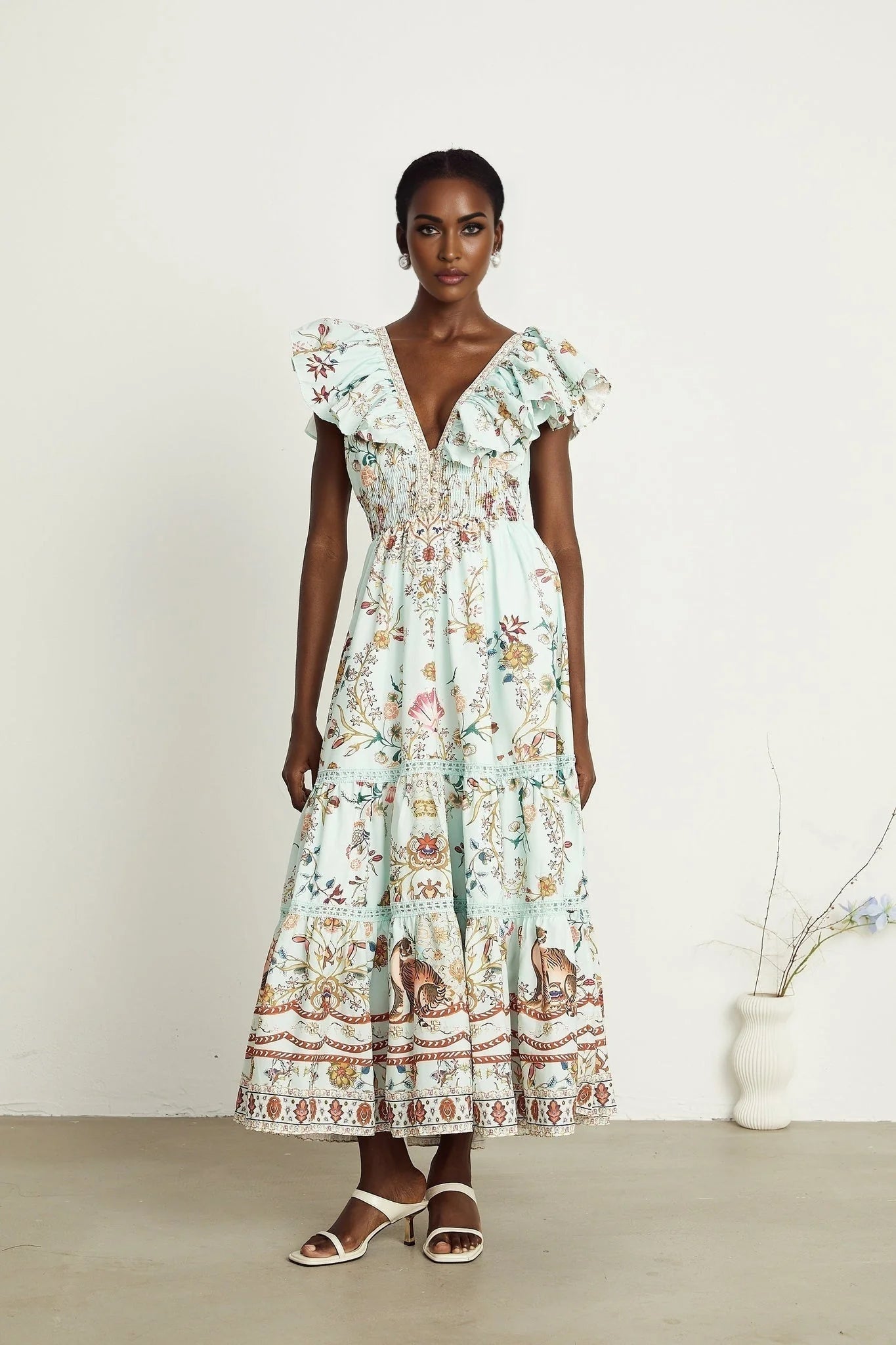 Geraldina Floral Maxi Dress - Plunging V - Neck - Open Back - Ruffled Detailing - Front Button and Self - Tie Fastening
