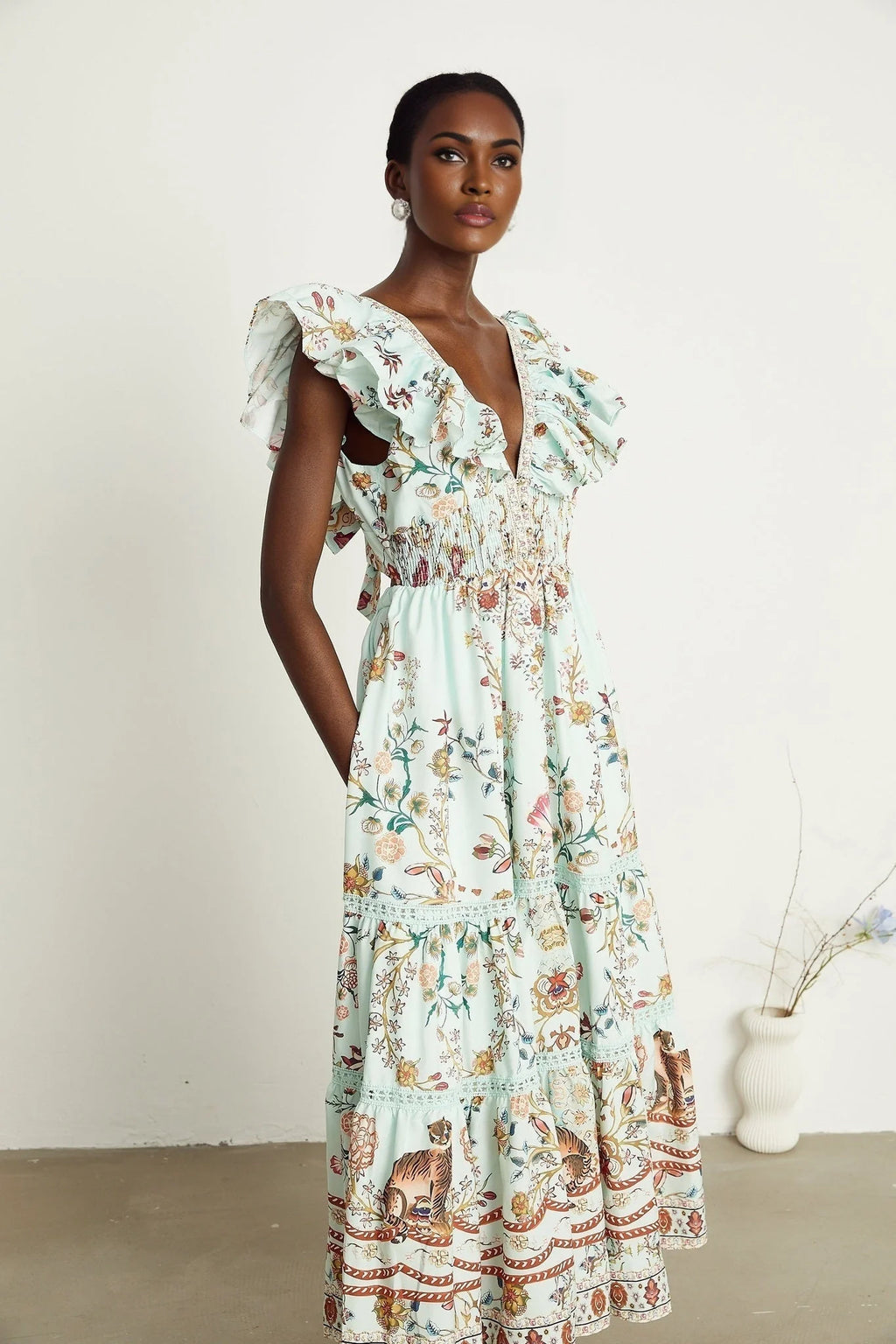 Geraldina Floral Maxi Dress - Plunging V - Neck - Open Back - Ruffled Detailing - Front Button and Self - Tie Fastening