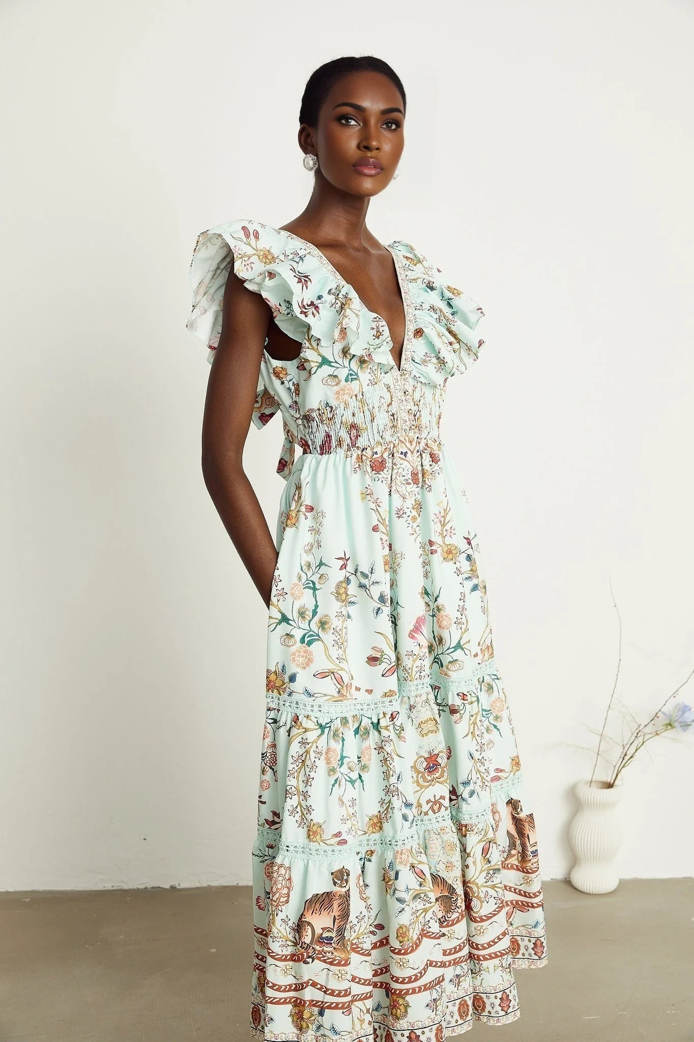 Geraldina Floral Maxi Dress - Plunging V - Neck - Open Back - Ruffled Detailing - Front Button and Self - Tie Fastening