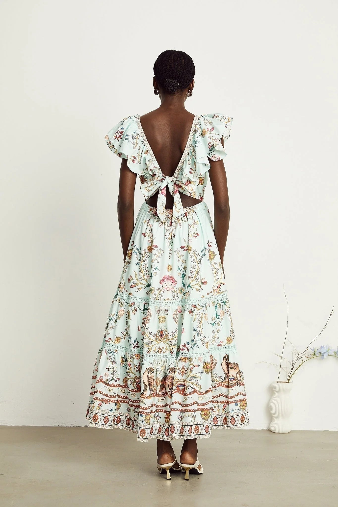 Geraldina Floral Maxi Dress - Plunging V - Neck - Open Back - Ruffled Detailing - Front Button and Self - Tie Fastening