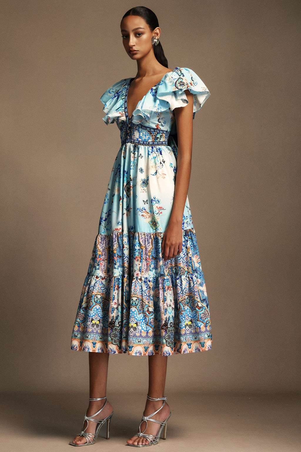 Geraldina Light Blue Floral Print V-Neck Backless Dress