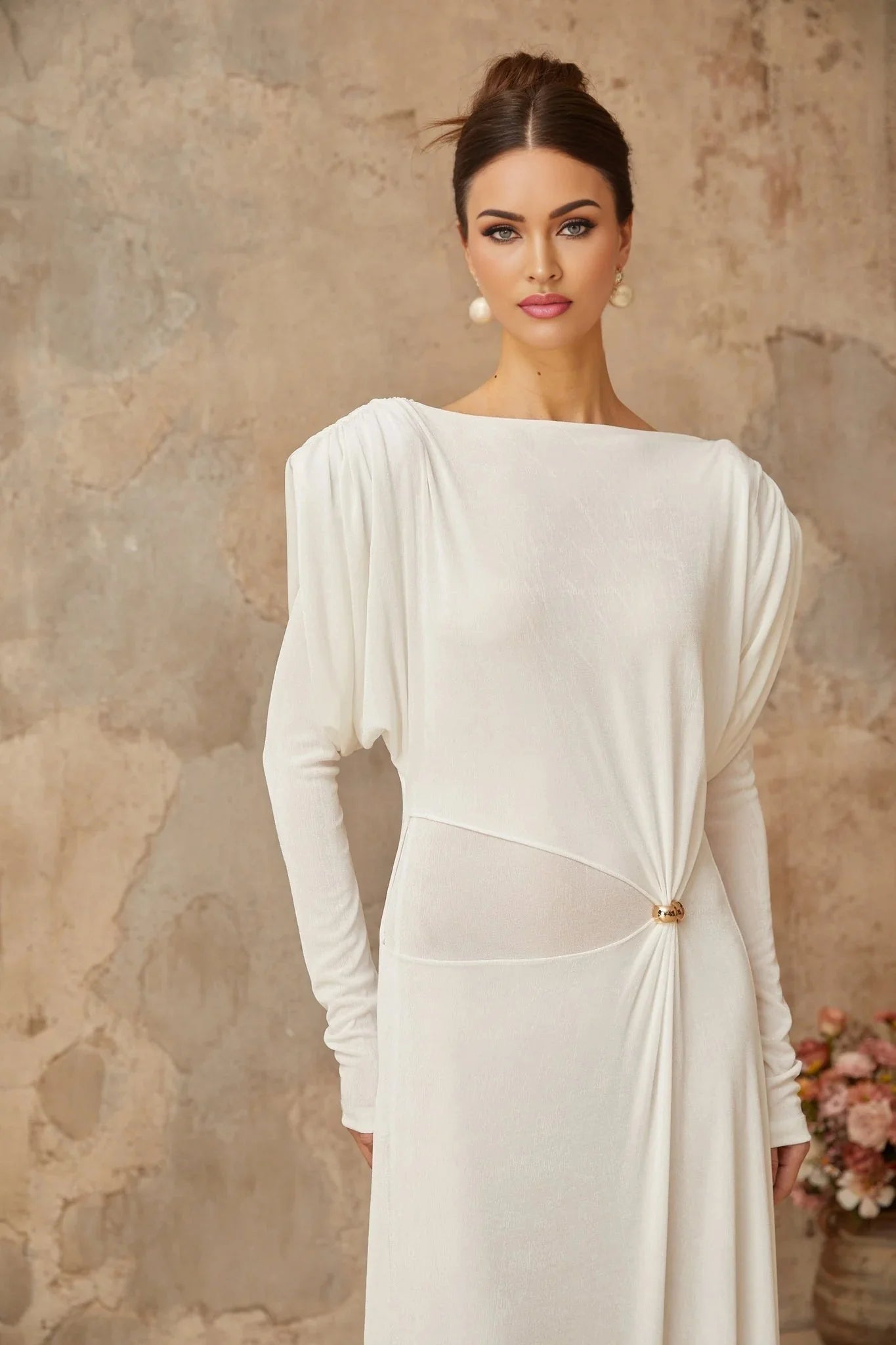 Geraldina Maxi Dress White Draped Shirred & Gold - Tone Hardware