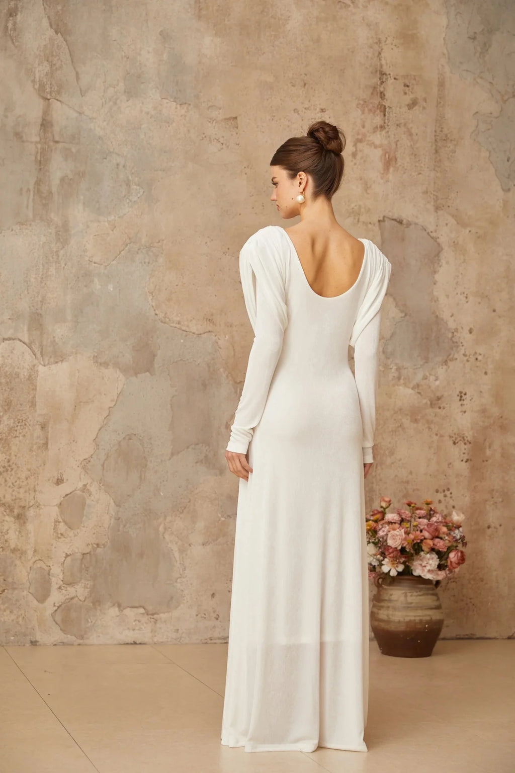 Geraldina Maxi Dress White Draped Shirred & Gold - Tone Hardware