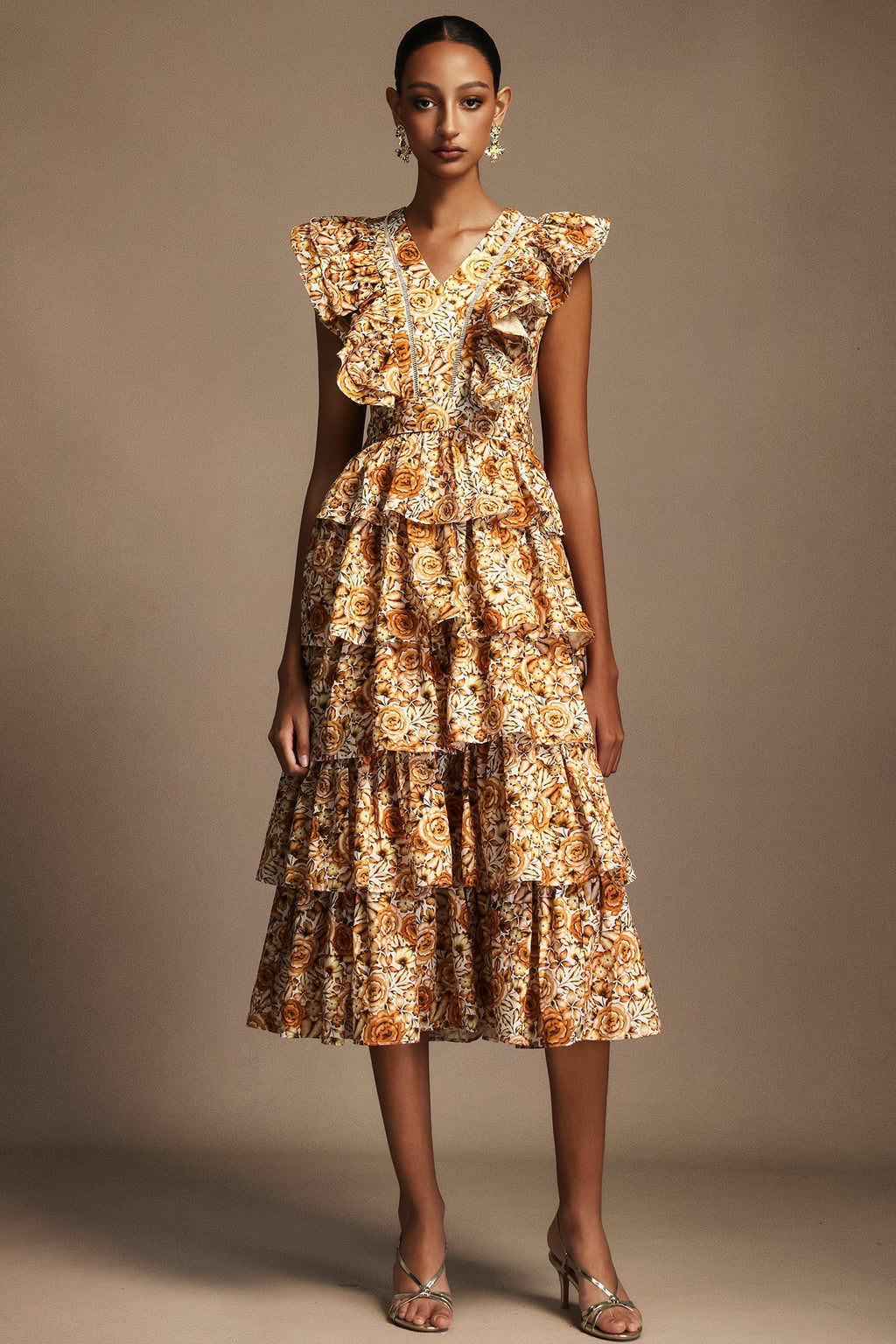 Geraldina Orange Floral Print Layered Folds Ruffled Neckline Flowy Hemline Fit Feel Dress