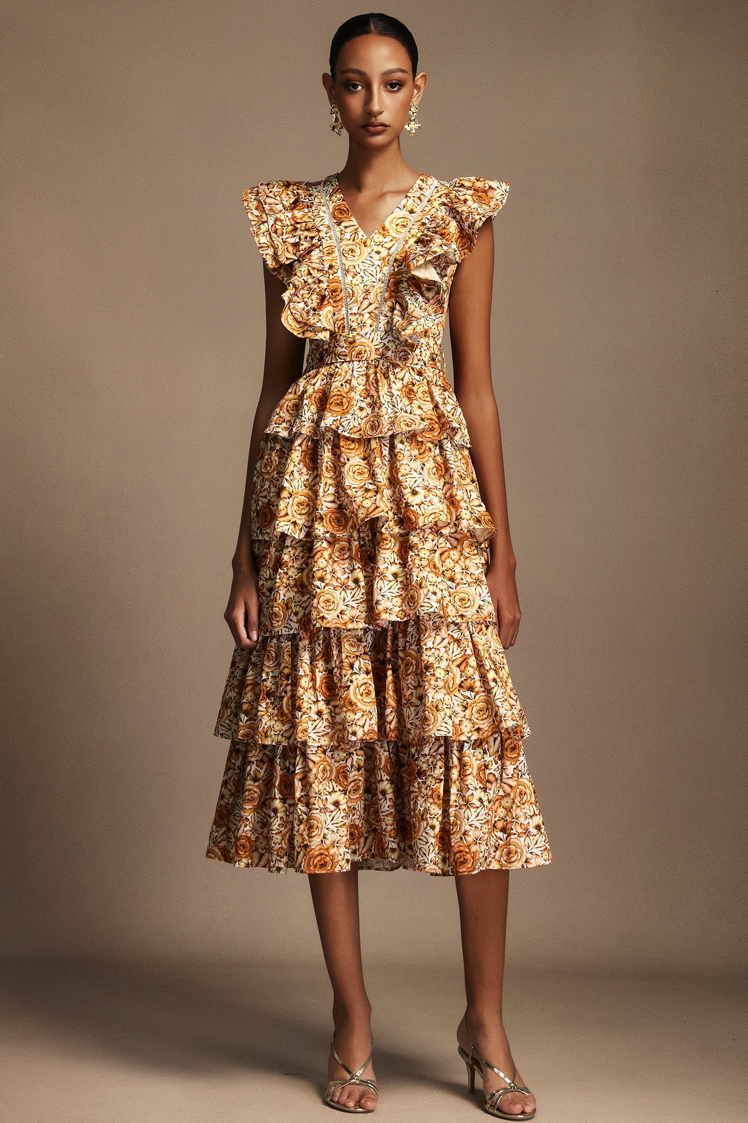 Geraldina Orange Floral Print Layered Folds Ruffled Neckline Flowy Hemline Fit Feel Dress