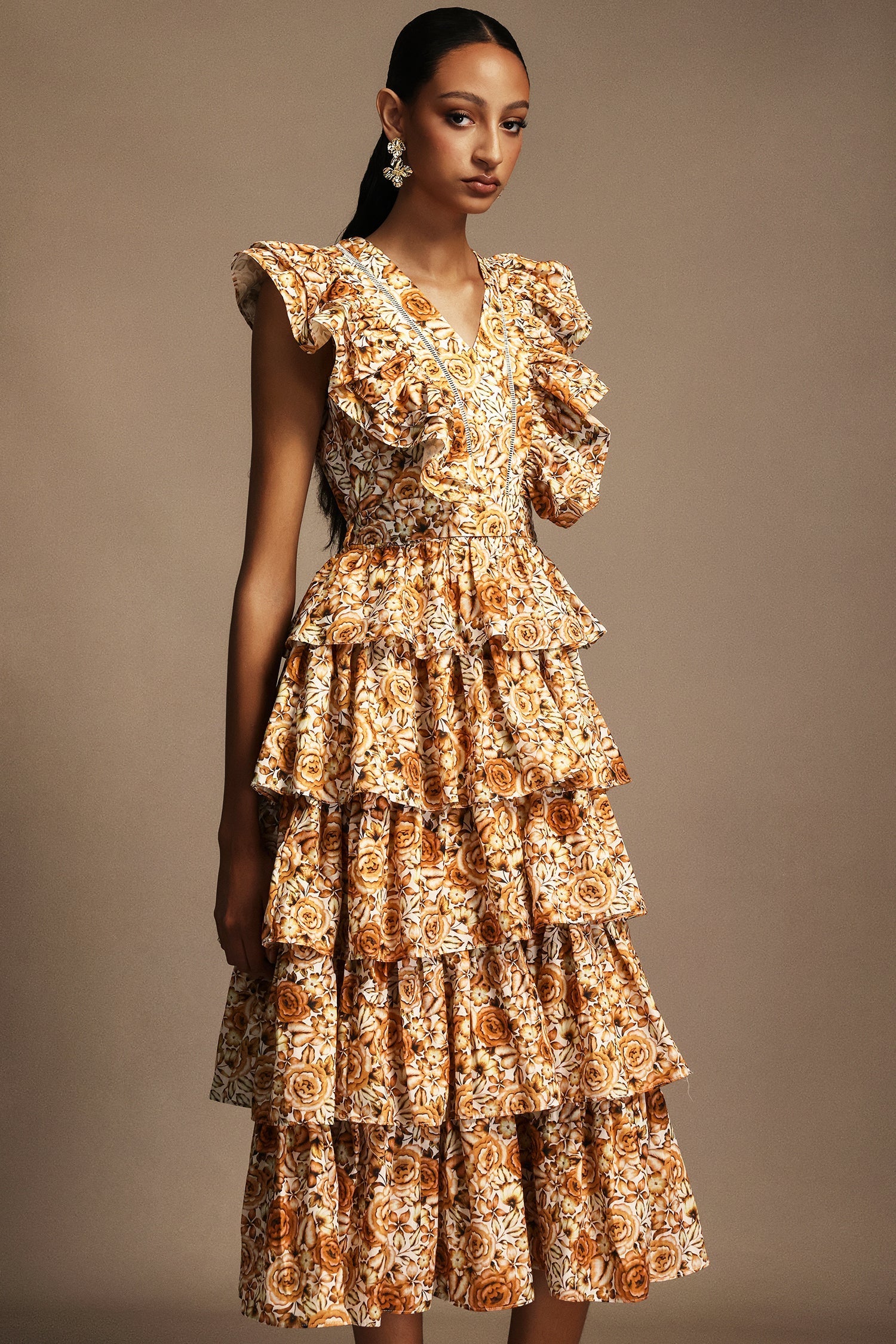 Geraldina Orange Floral Print Layered Folds Ruffled Neckline Flowy Hemline Fit Feel Dress