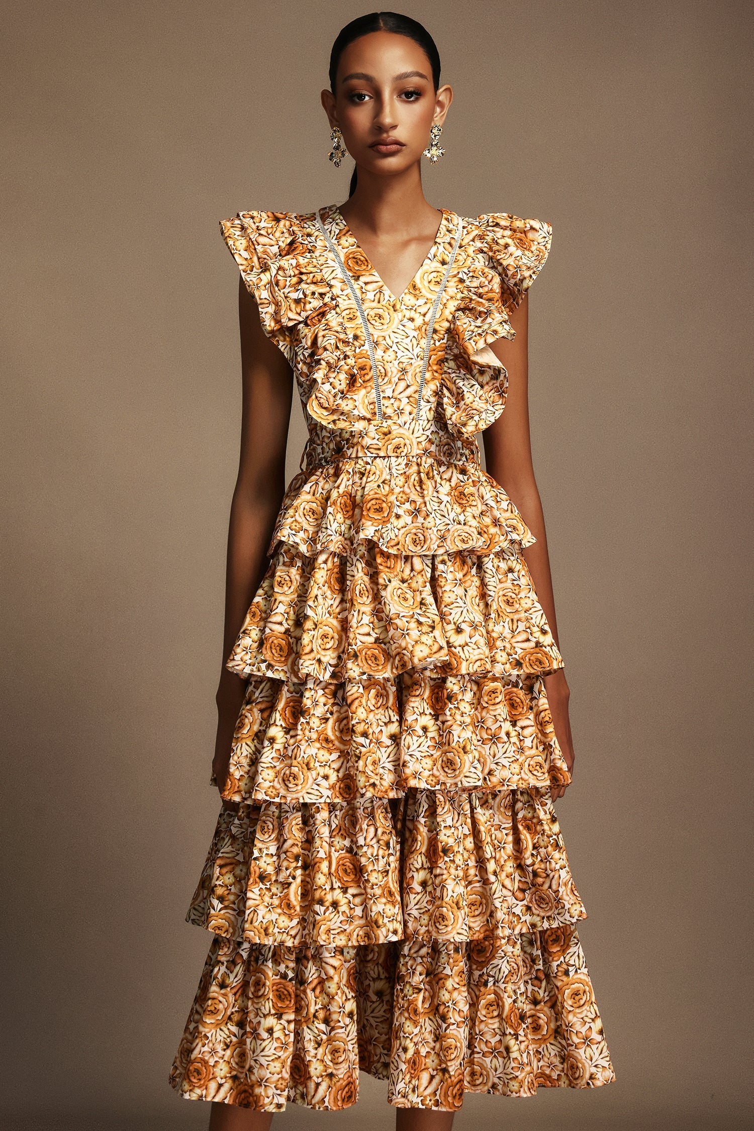 Geraldina Orange Floral Print Layered Folds Ruffled Neckline Flowy Hemline Fit Feel Dress