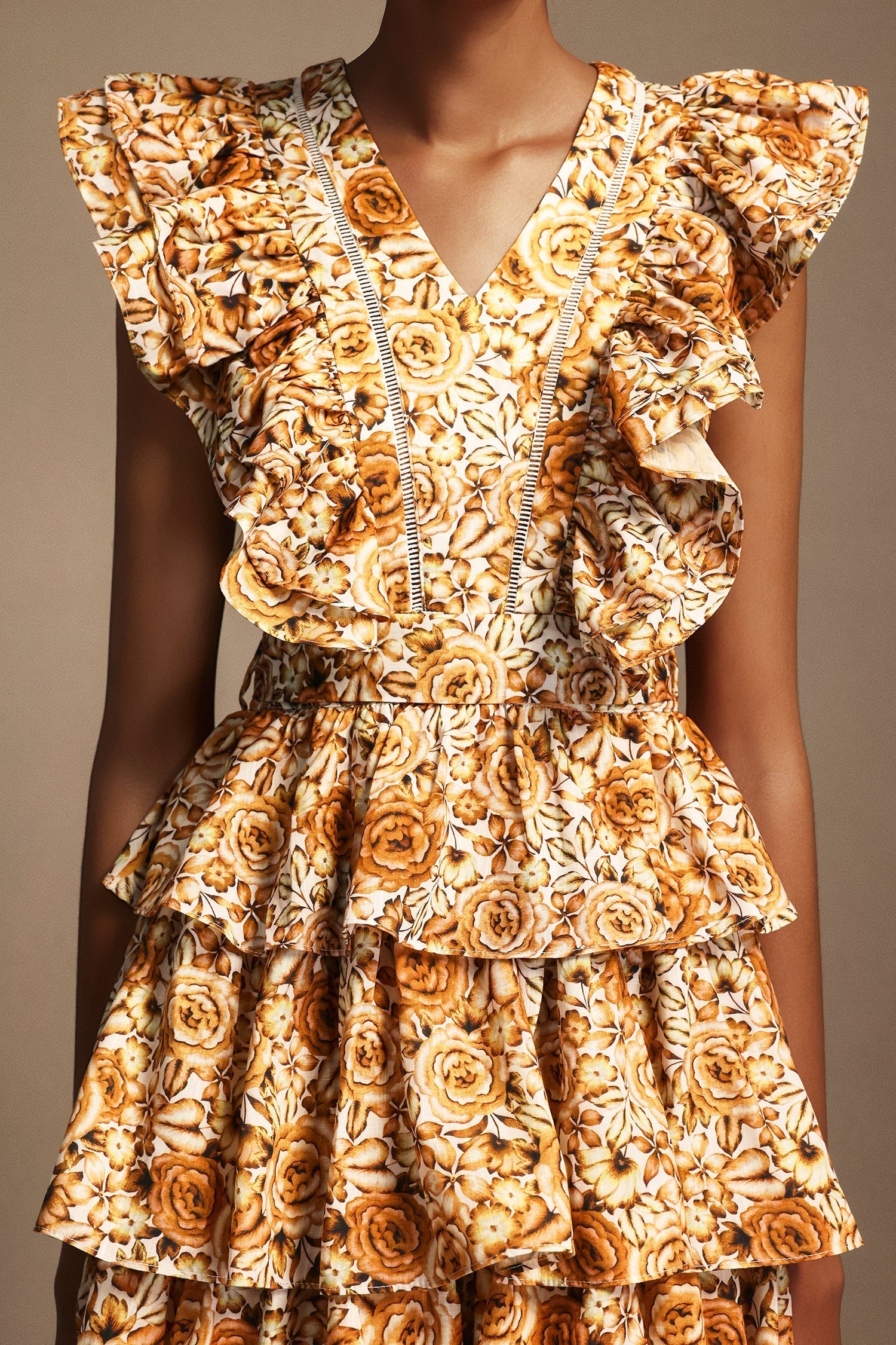 Geraldina Orange Floral Print Layered Folds Ruffled Neckline Flowy Hemline Fit Feel Dress