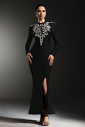 Giacomina Black Maxi Dress with Shimmering Embellishments and Slit Detail