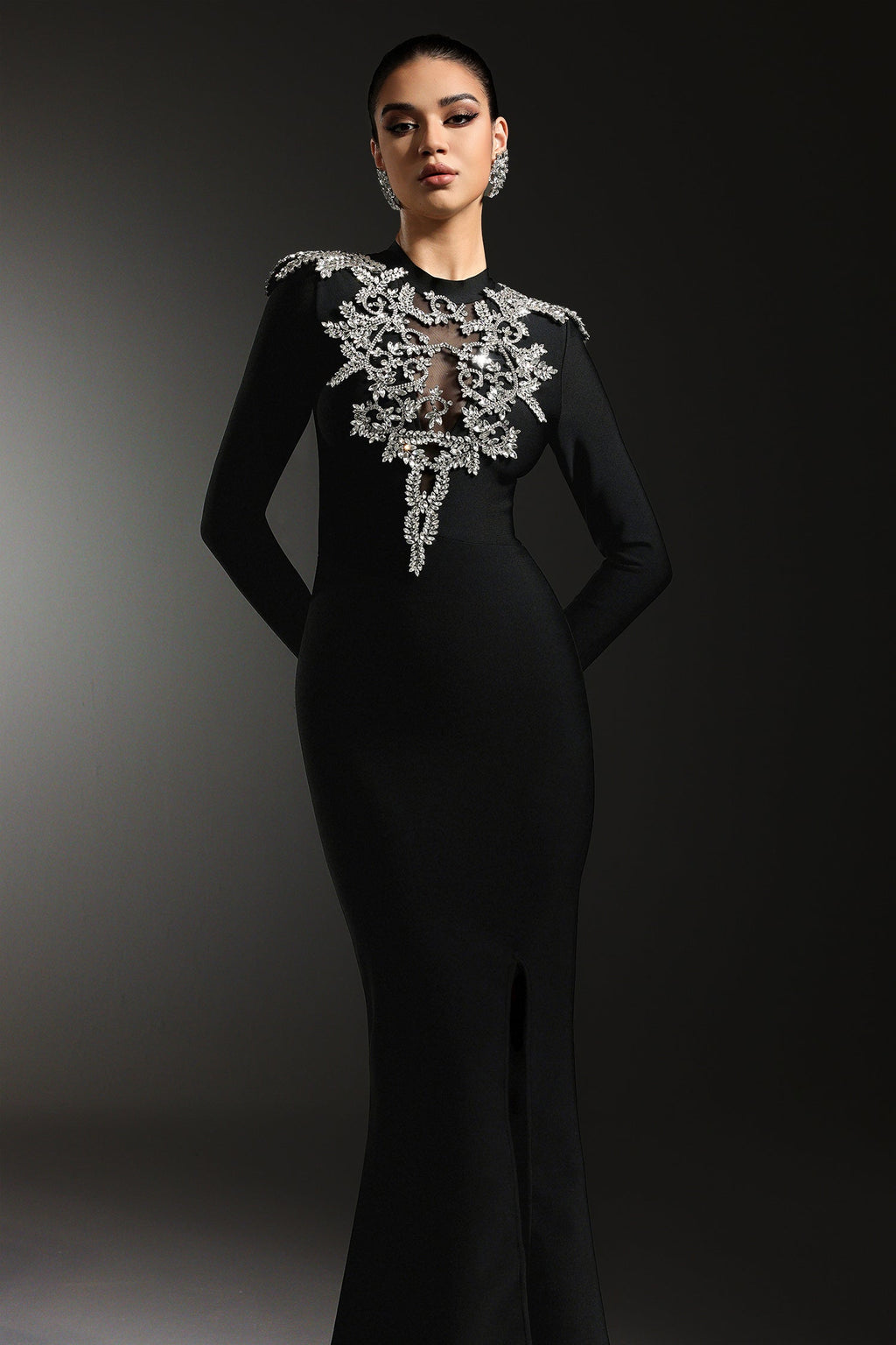 Giacomina Black Maxi Dress with Shimmering Embellishments and Slit Detail