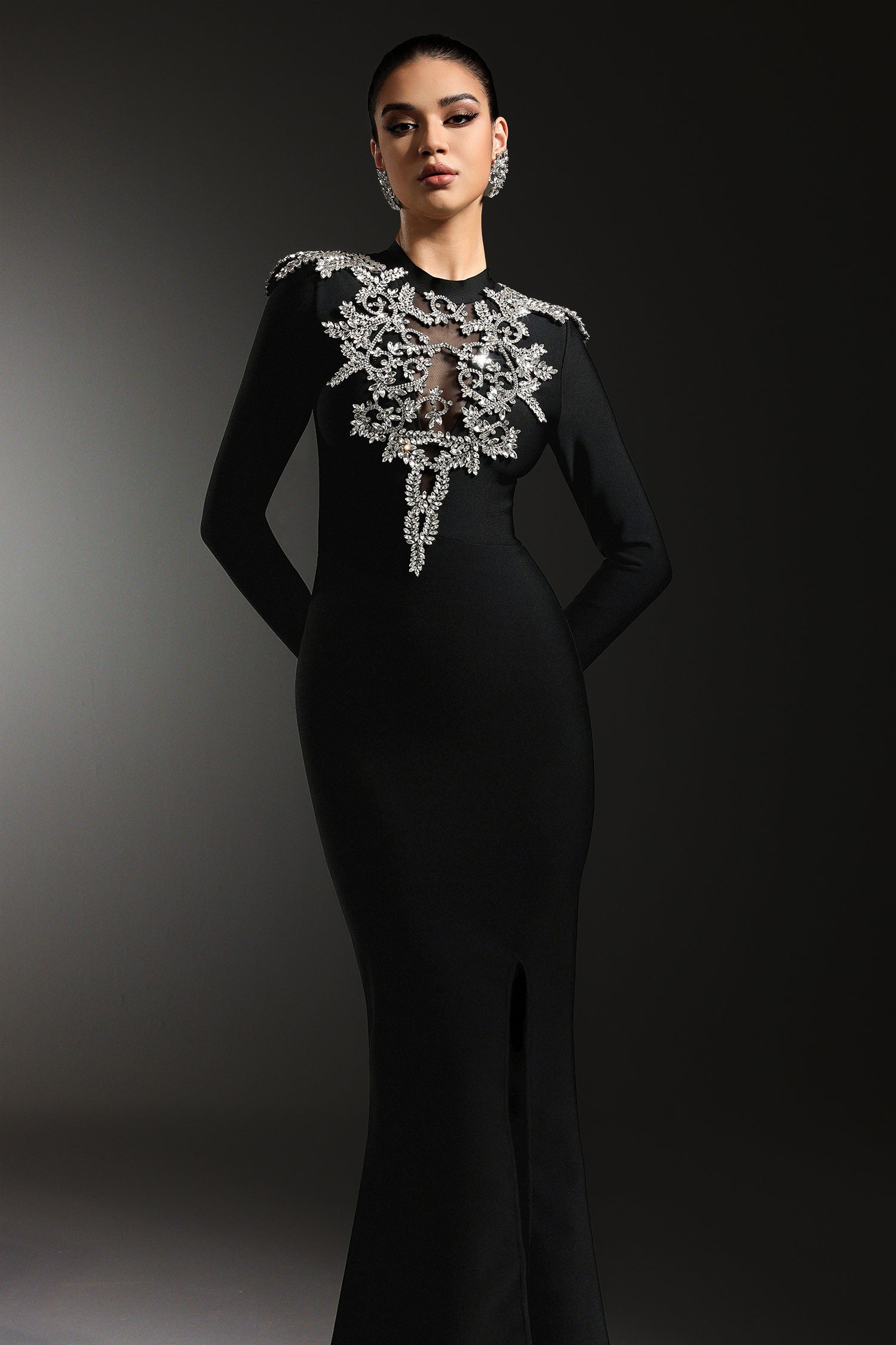 Giacomina Black Maxi Dress with Shimmering Embellishments and Slit Detail