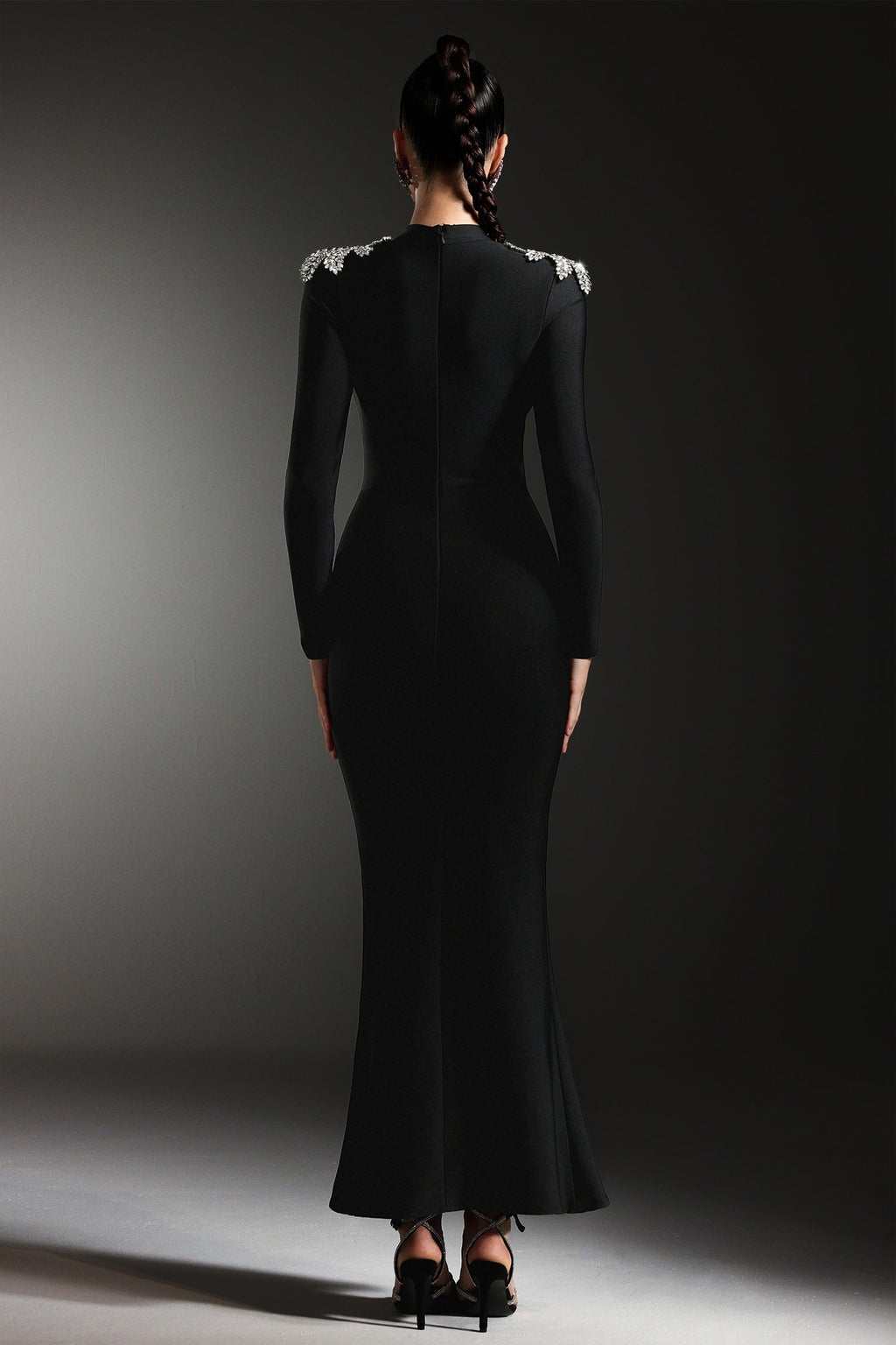 Giacomina Black Maxi Dress with Shimmering Embellishments and Leg Slit for Formal Events