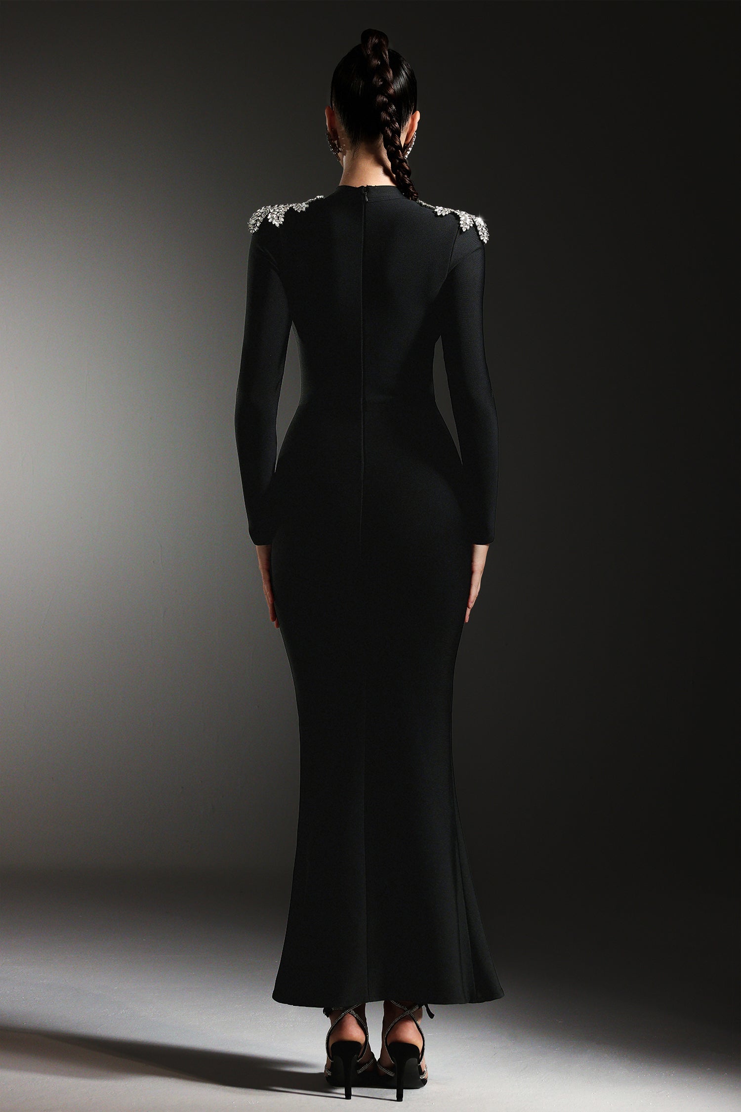 Giacomina Black Maxi Dress with Shimmering Embellishments and Leg Slit for Formal Events