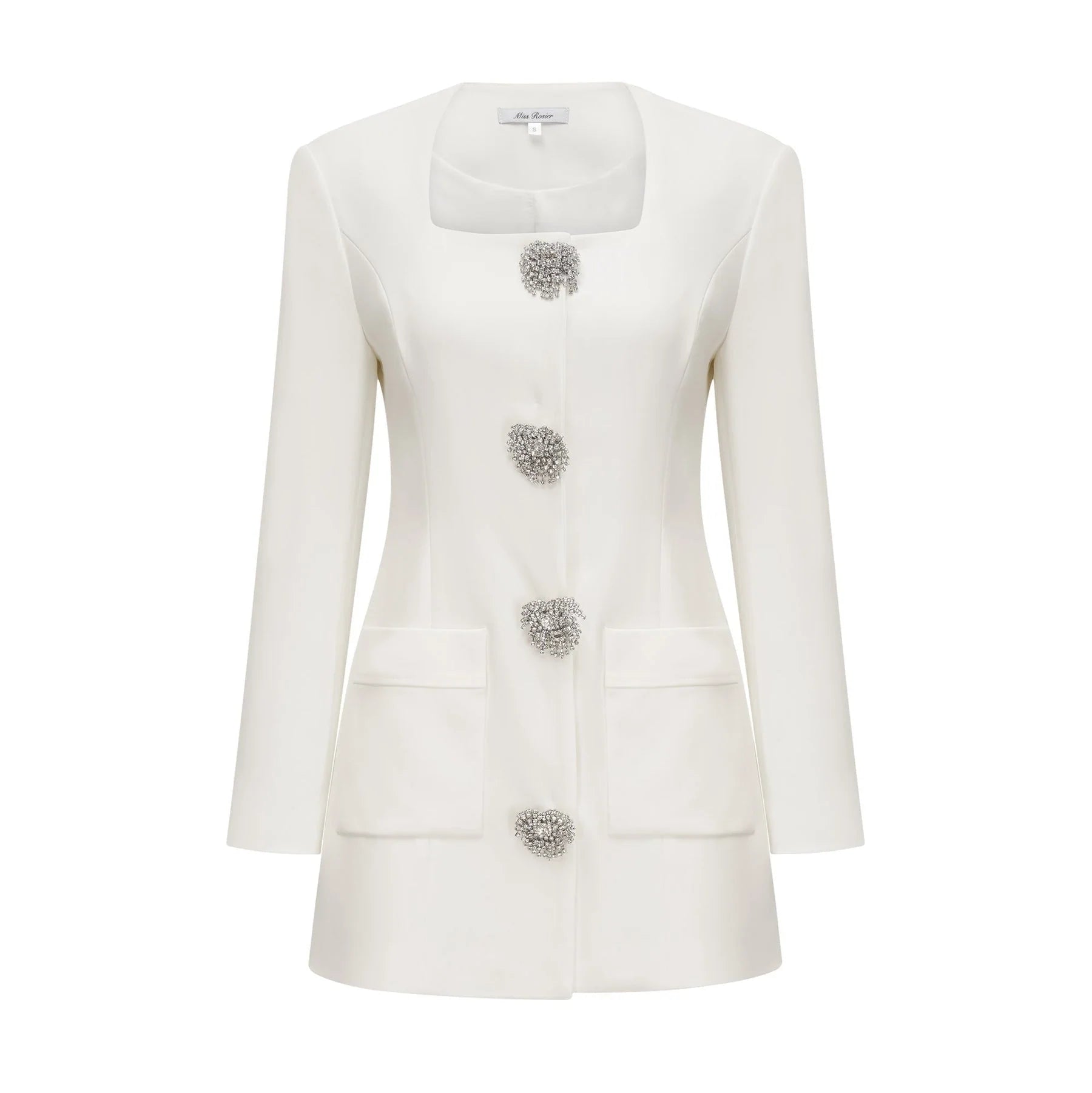Giacomina Mini Dress - Front Button Detailing - Long Sleeves - Square Neck - Press - Stud Fastening