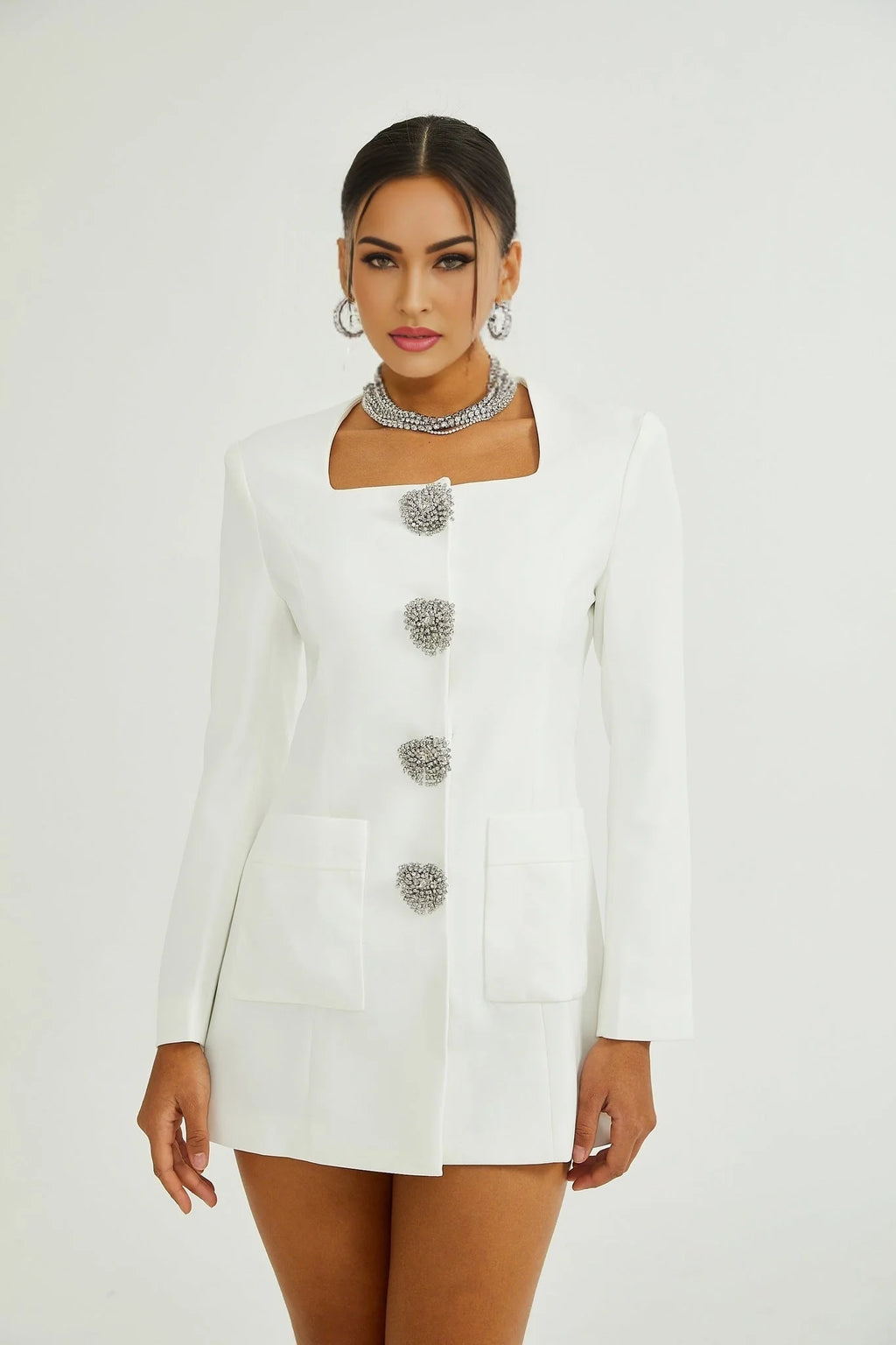 Giacomina Mini Dress - Front Button Detailing - Long Sleeves - Square Neck - Press - Stud Fastening