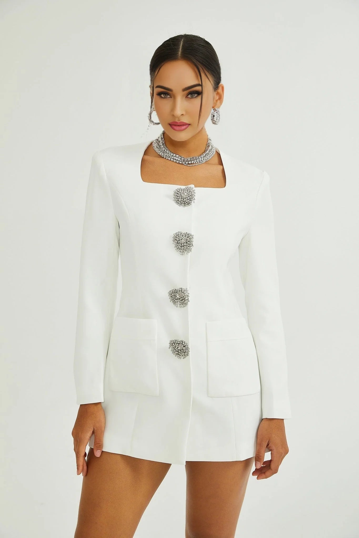Giacomina Mini Dress - Front Button Detailing - Long Sleeves - Square Neck - Press - Stud Fastening