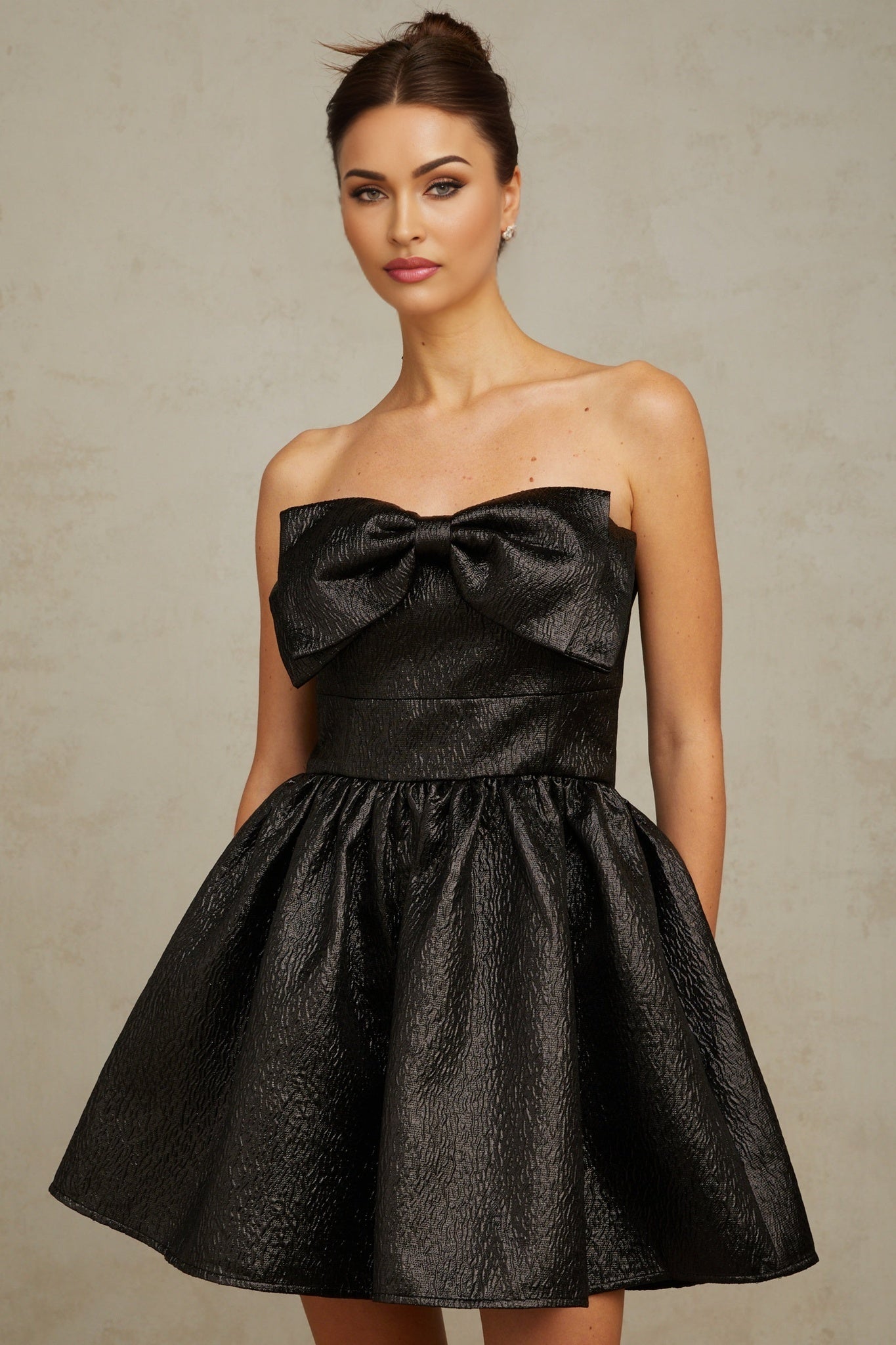 Giacomina Mini Dress - Metallic Effect - Off the Shoulder - Bow & Pleated Detailing - Puff Skirt - Side Pockets